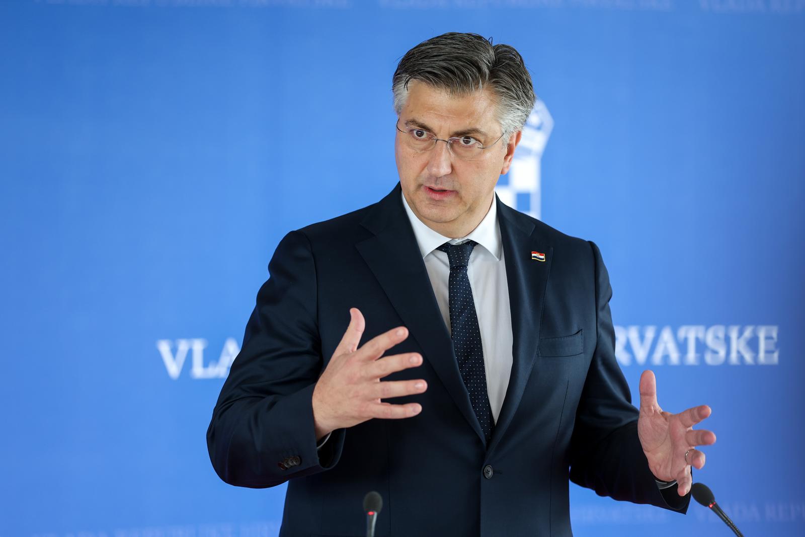 03.04.2024., Zagreb - Predsjednik Vlade RH Andrej Plenkovic daje izjavu za medije nakon svecanog urucivanja ugovora sufinanciranih iz Europskog socijalnog fonda plus u okviru Poziva Zazeli - prevencija institucionalizacije. Photo: Igor Kralj/PIXSELL