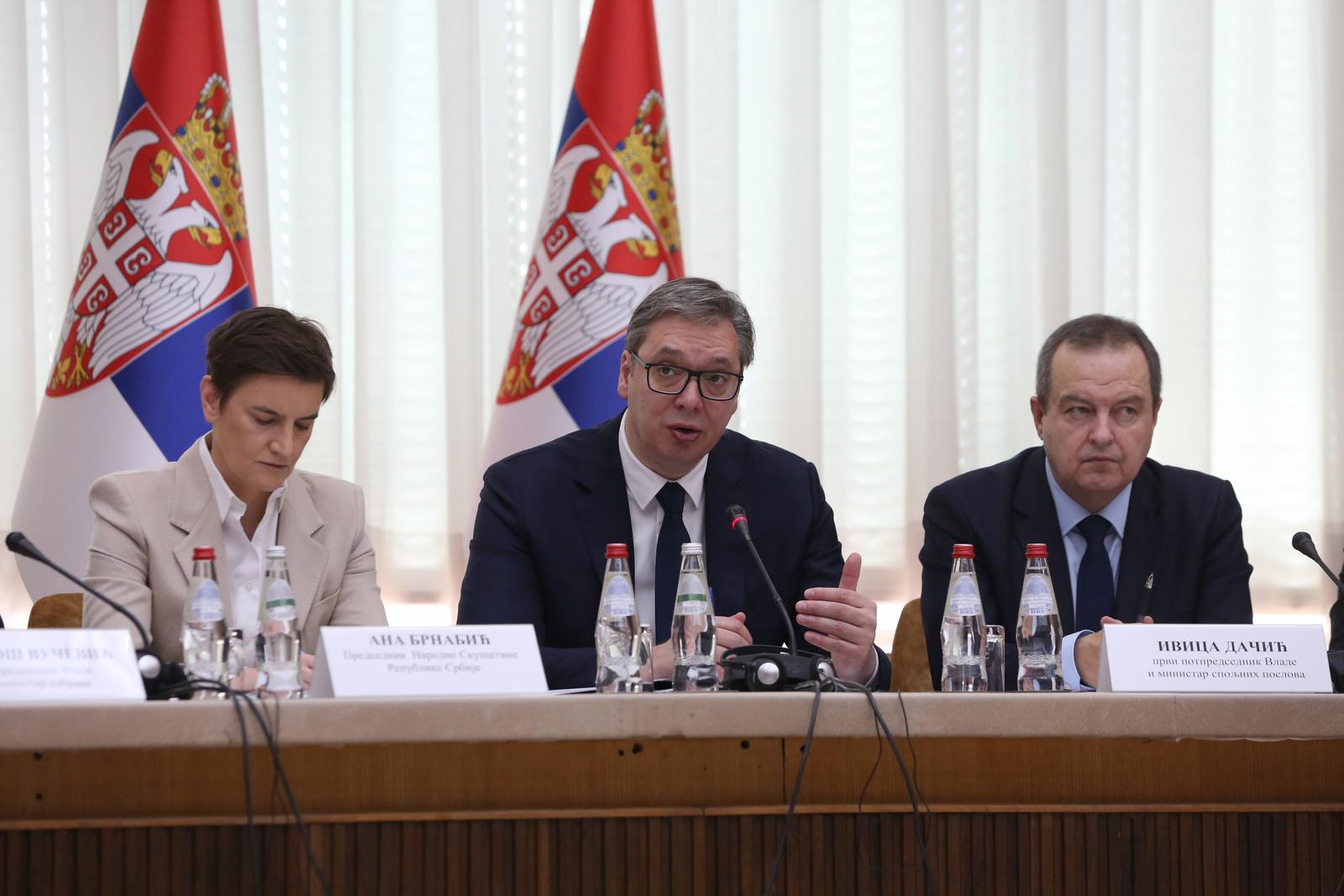 04, April, 2024, Belgrade -The President of the Republic of Serbia Aleksandar Vucic attended the extraordinary session of the Government of the Republic of Serbia held in the Palace of Serbia. Ana Brnabic, Aleksandar Vucic, Ivica Dacic. Photo: F.S./ATAImages

04, april, 2024, Beograd - Predsednik Republike Srbije Aleksandar Vucic prisustvovao je vanrednoj sednici Vlade Republike Srbije odrzanoj u Palati Srbije. Photo: F.S./ATAImages Photo: F.S./ATAImages/PIXSELL
