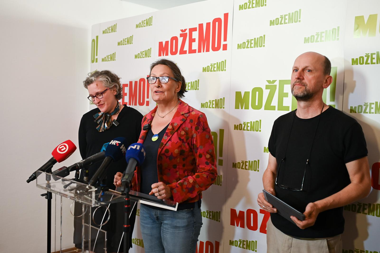 07.04.2024., Zagreb - Na konferenciji za medije stranke Mozemo! clanovi tematske grupe stranke za kulturu Ursa Raukar-Gamulin,  Goran Sergej Pristas i Antonija Letinic predstavili su izborni program za kulturu. Photo: Marko Juric/PIXSELL