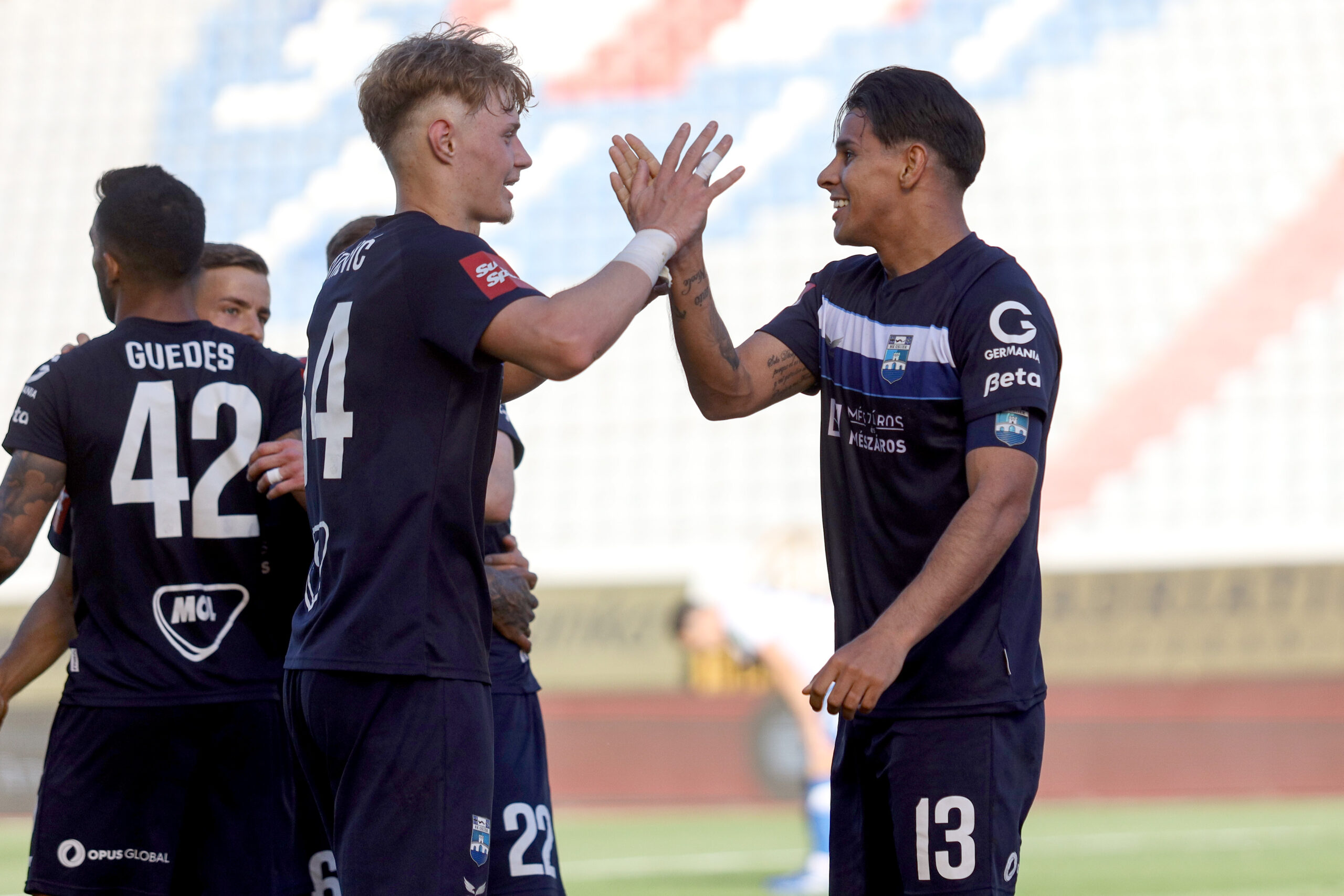14.04.2024., stadion Poljud, Split - SuperSport HNL, 30. kolo, HNK Hajduk - NK Osijek. Slavlje nogometasa Osijeka nakon pogodka Ramona Miereza za vodstvo 2:1. Anton Matkovic, Ramon Mierez Photo: Sime Zelic/PIXSELL