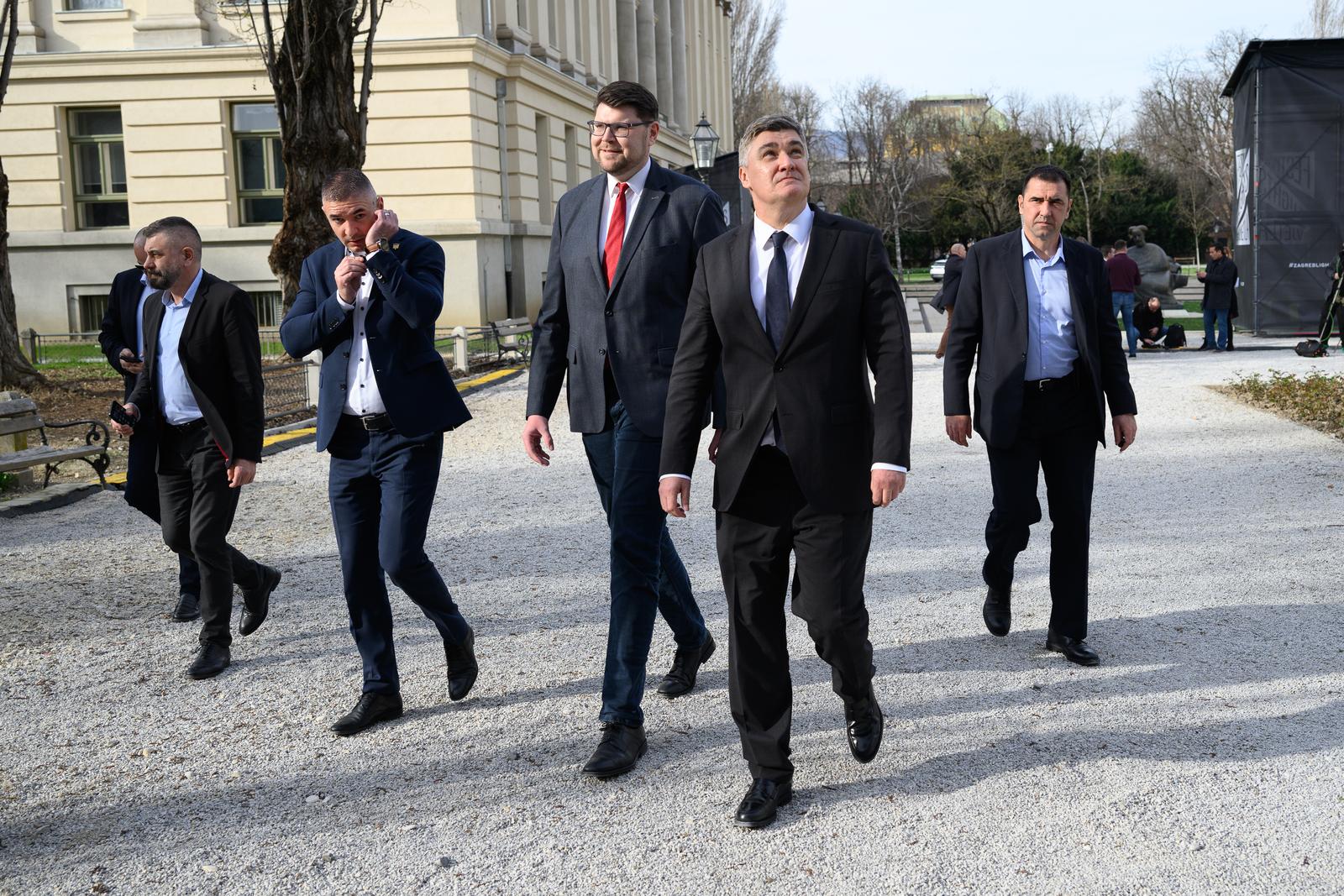 15.03.2024., Zagreb - Izvanredna konferencija za medije predsjednika SDP-a, Pedje Grbina ispred Hrvatskog drzavnog arhiva. Pedja Grbin, Zoran Milanovic.
 Photo: Davor Puklavec/PIXSELL