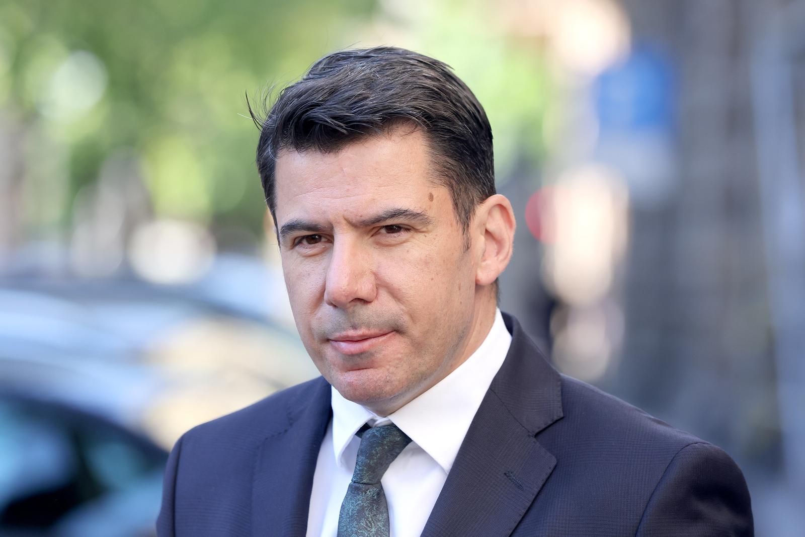 15.04.2024., Zagreb - Zadnjeg dana izborne kampanje za parlamentarne izbore 2024. Nikola Grmoja je na konferenciji za medije odrzanoj ispred sjedista DORH-a govorio o kaznenoj prijavi koju je upravo podnio protiv Pave Vujnovca, Fabrisa Peruska i drugih. Photo: Patrik Macek/PIXSELL