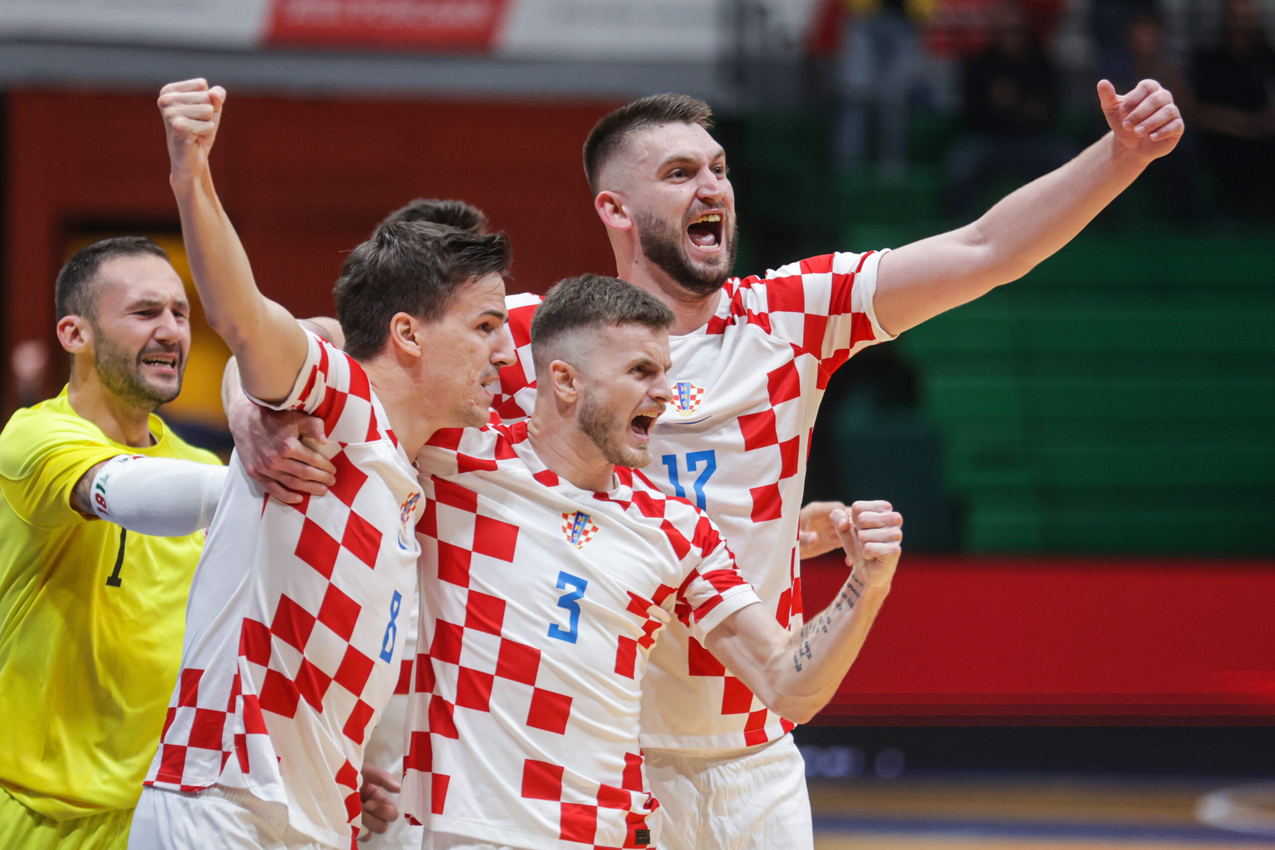 16.04.2024., KC Drazen Petrovic, Zagreb - Druga utakmica dodatnih kvalifikacija za plasman na Svjetsko prvenstvo u futsalu, Hrvatska - Poljska. Antonio Sekulic, Dario Marinovic, Duje Kustura Photo: Luka Stanzl/PIXSELL