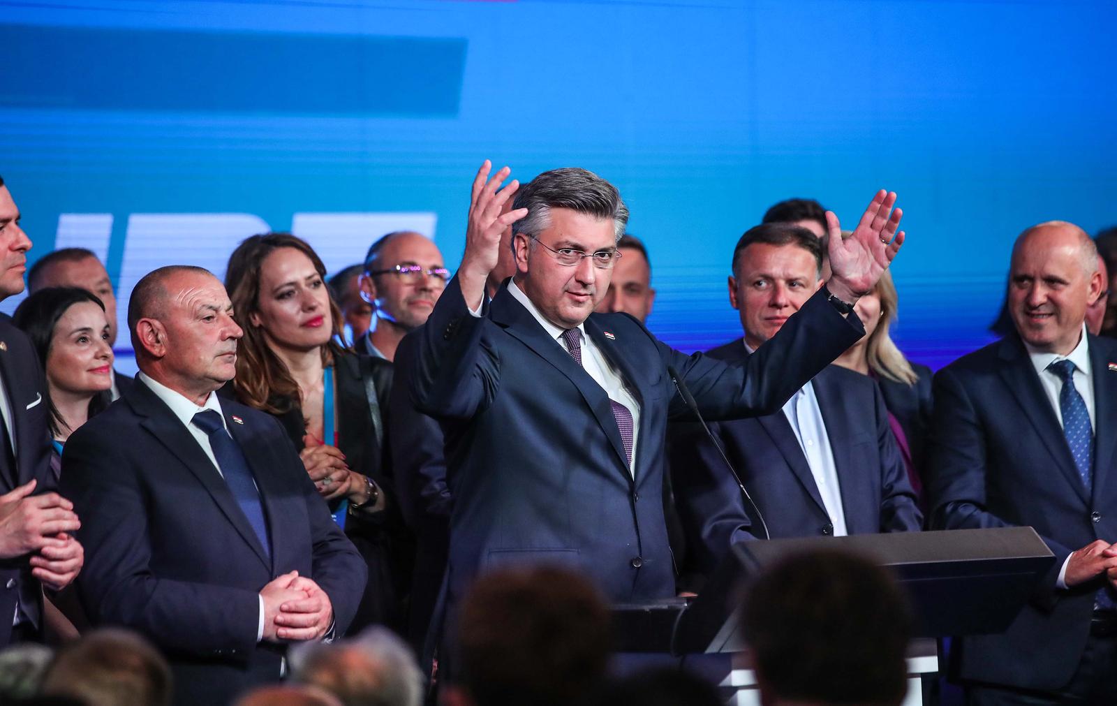 17.04.2024., Zagreb - Docek izbornih rezultata za Hrvatski saboru u stozeru Hrvatske demokratske zajednice (HDZ), Hrvatsko socijalno-libaralne stranke (HSLS), Hrvatske demokrscanske stranke (HDS), Hrvatske narodne stranke (HNS) i Hrvatske stranke umirovljenika (HSU) u hotelu Westin. Andrej Plenkovic Photo: Slavko Midzor/PIXSELL