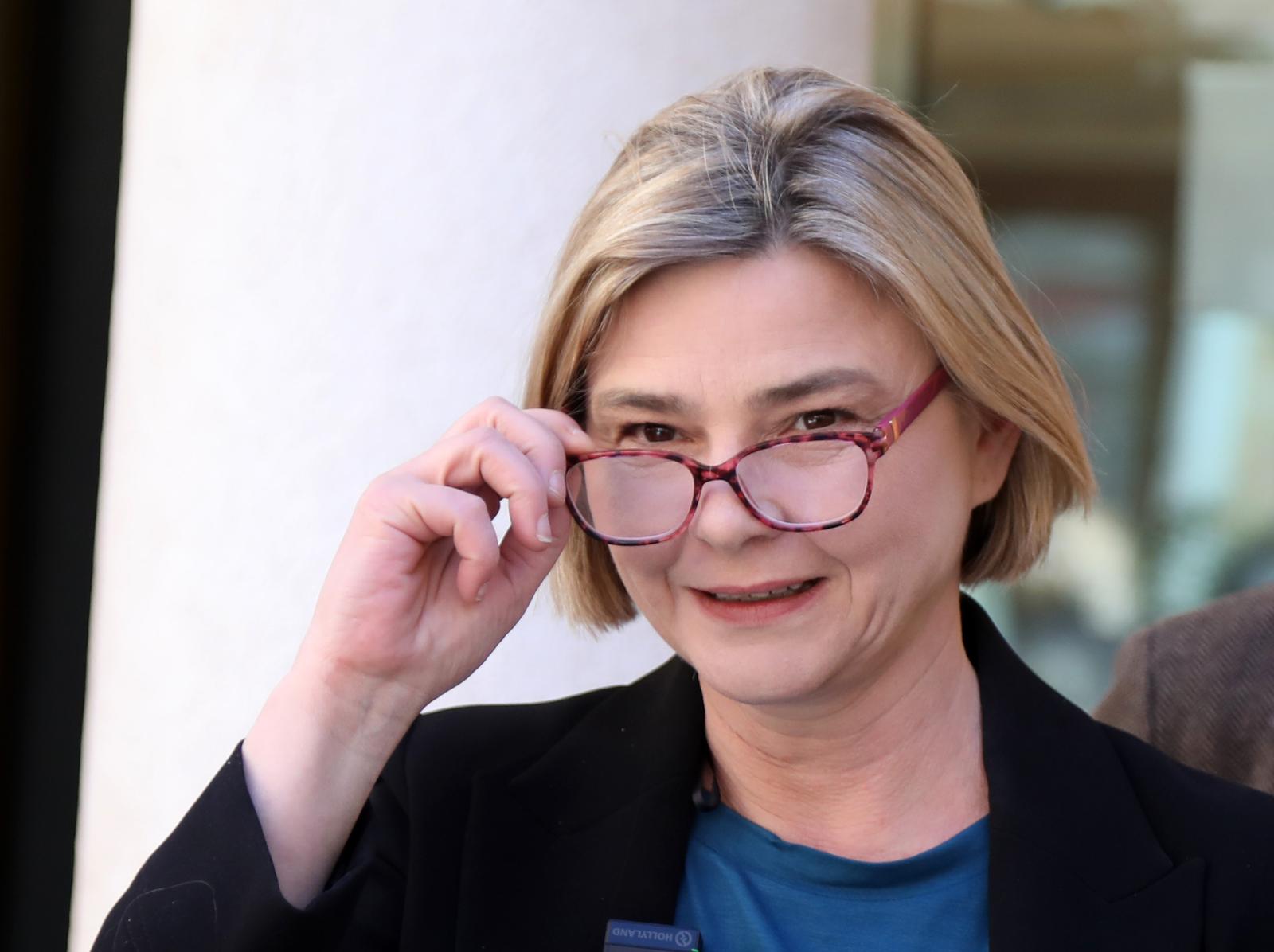 20.03.2024., Sibenik - Ispred HNK Sibenik zalista odrzana je konferencija za medije sukoordinatorice Mozemo! i premijerske kandidatkinje Sandre Bencic. Na konferenciji su, uz Sandru Bencic, govorili Maja Sintic, koordinatorica Mozemo! za Sibenik i Ivan Slavica. Konferenciji je nazocila i Ursa Raukar-Gamulin. Photo: Dusko Jaramaz/PIXSELL