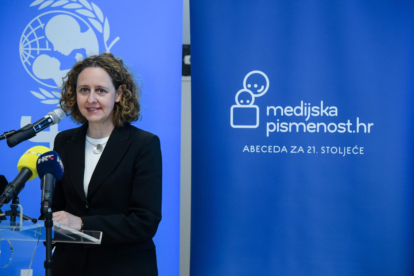 22.4.2024., Zagreb - Agencija za elektronicke medije i UNICEF, pod pokroviteljstvom Ministarstva kulture i medija te Ministarstva znanosti i obrazovanja, od 22. do 28. travnja organizirali su 7. dane medijske pismenosti. Ministrica Nina Obuljen Korzinek Photo: Josip Regovic/PIXSELL