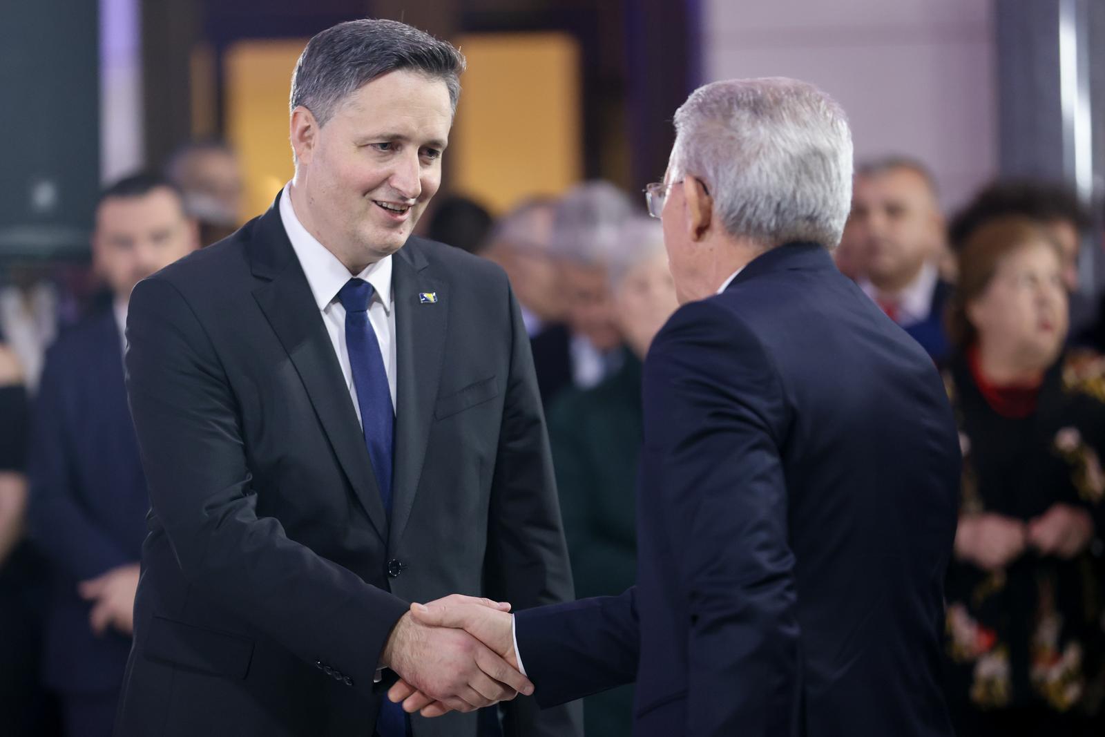 28.02.2024., Sarajevo, Bosna i Hercegovina - U sarajevskoj Vijecnici veceras je odrzan prijem clanova Predsjednistva BiH Zeljka Komsica i Denisa Becirovica povodom 1. ozujka, Dana nezavisnosti Bosne i Hercegovine. Photo: Armin Durgut/PIXSELL
