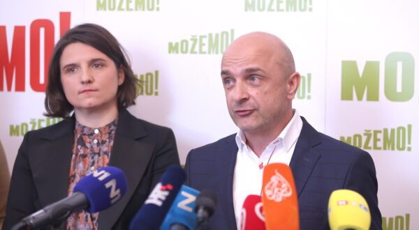 30.04.2024., Zagreb - Na konferenciji za medije stranke Mozemo! o Medjunarodnom prazniku rada govorili su Jelena Milos i Gordan Bosanac. Photo: Patrik Macek/PIXSELL