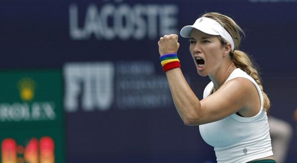 Mar 27, 2024; Miami Gardens, FL, USA; Danielle Collins (USA) reacts after winning a point against Caroline Garcia (FRA) (not pictured) on day ten of the Miami Open at Hard Rock Stadium. Mandatory Credit: Geoff Burke-USA TODAY Sports Photo: Geoff Burke/REUTERS