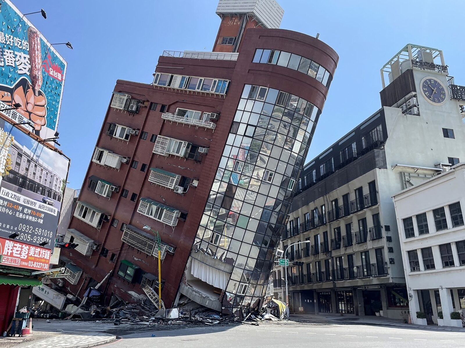 This photo taken by Taiwan's Central News Agency (CNA) on April 3, 2024 shows a damaged building in Hualien, after a major earthquake hit Taiwan's east. At least one person was feared dead and nearly 60 injured on April 3 by a powerful earthquake in Taiwan that damaged dozens of buildings and prompted tsunami warnings that extended to Japan and the Philippines before being lifted.,Image: 861963474, License: Rights-managed, Restrictions: China OUT - Macau OUT - Taiwan OUT / HONG KONG OUT - RESTRICTED TO EDITORIAL USE, Model Release: no, Credit line: AFP / AFP / Profimedia