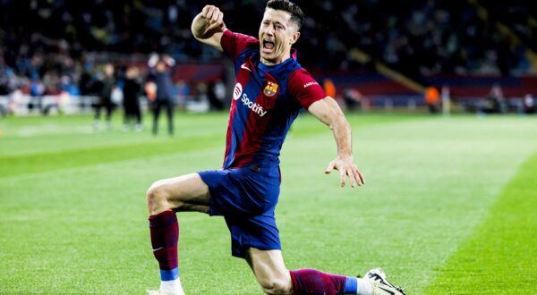 Robert Lewandowski of FC Barcelona celebrates a goal during the Spanish championship La Liga football match between FC Barcelona and Valencia CF on April 29, 2024 at Estadio Olimpico de Montjuic in Barcelona, Spain - Photo Javier Borrego / Spain DPPI / DPPI,Image: 869047340, License: Rights-managed, Restrictions: Hungary Out, Model Release: no, Credit line: Javier Borrego / AFP / Profimedia
