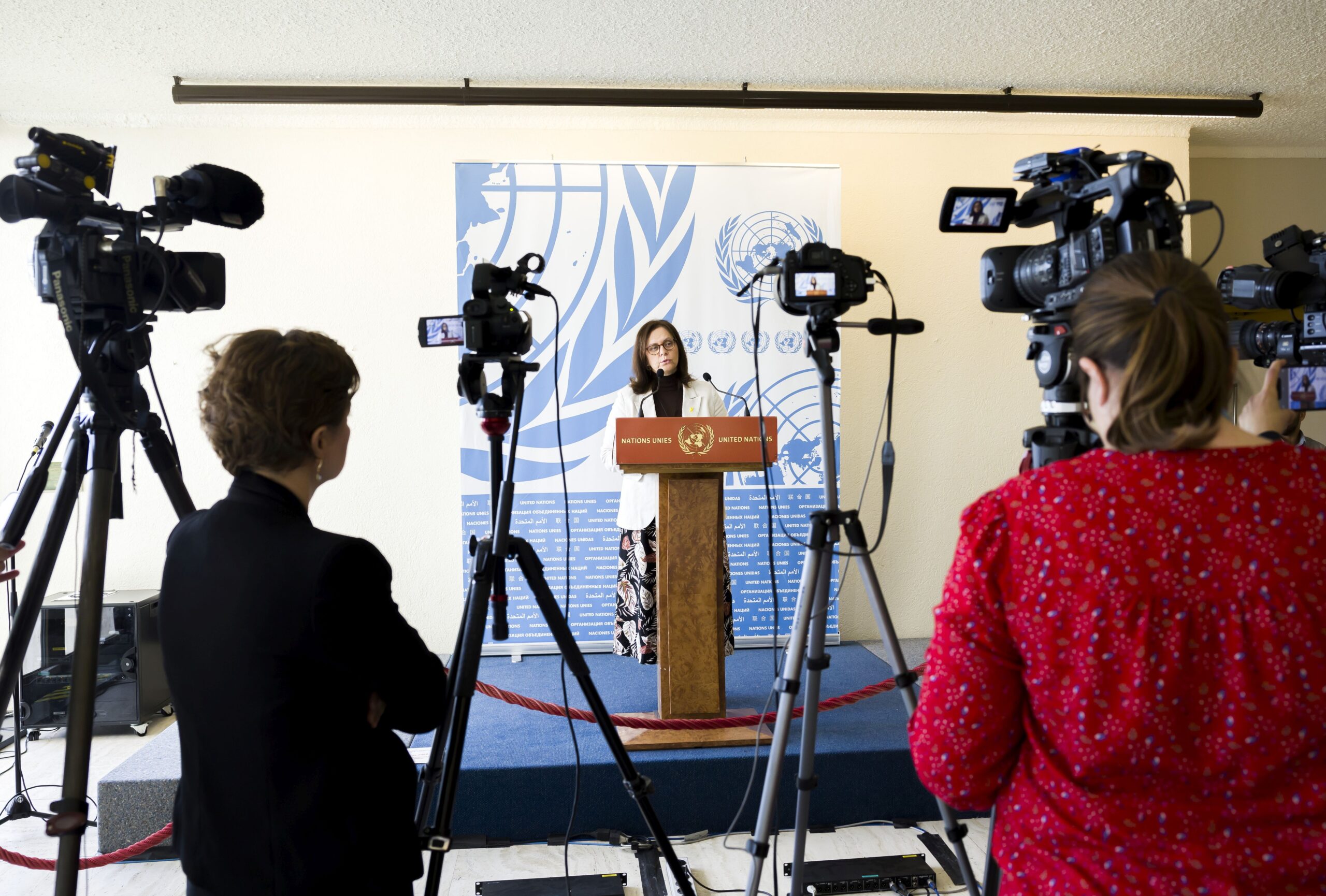 epa11260043 Meirav Eilon Shahar, Ambassador of the Permanent Representative Mission of Israel to the UN in Geneva, delivers her remarks about the HCR-55 adoption of Item 2 Resolution regarding the Israeli-Palestinian conflict, during the 55th session of the Human Rights Council at the European headquarters of the United Nations (UNOG) in Geneva, Switzerland, 05 April 2024.  EPA/SALVATORE DI NOLFI