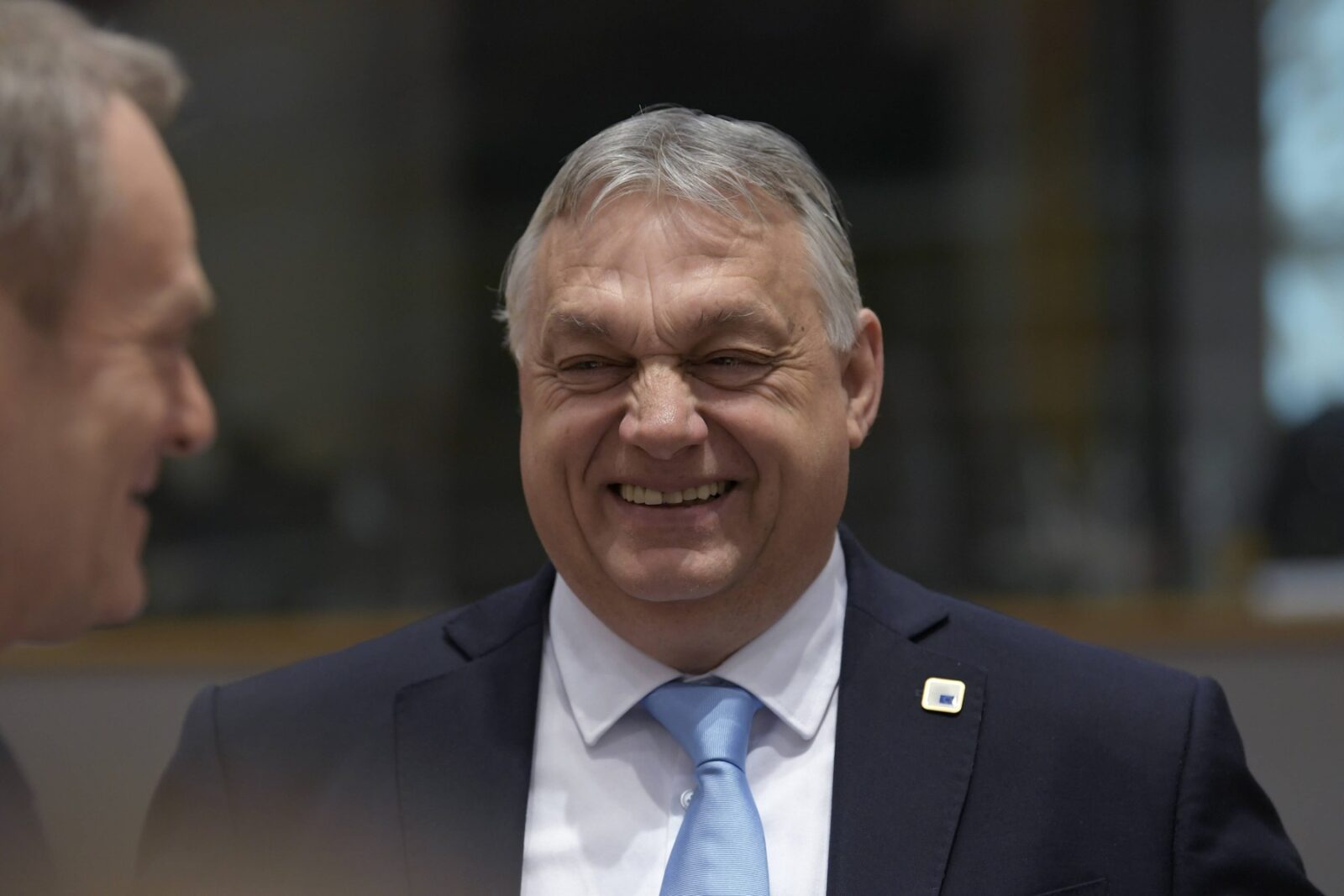 Poland Prime Minister Donald Tusk, left, and Hungary Prime Minister Viktor Orban laugh together before a meeting during Day 2 of the European Union summit at the European headquarters in Brussels, Belgium, Friday, March 22, 2024. EU leaders will discuss the continued support for Ukraine in the face of RussiaÕs war of aggression, security and defence, the unfolding situation in the Middle East, enlargement, external relations, migration, agriculture and the European Semester. (Photo by Arnaud Andrieu/Sipa Press).//ANDRIEUARNAUD_AA20240322Meeting14/Credit:Arnaud Andrieu/SIPA/2403221240,Image: 858758629, License: Rights-managed, Restrictions: , Model Release: no, Credit line: Arnaud Andrieu / Sipa Press / Profimedia