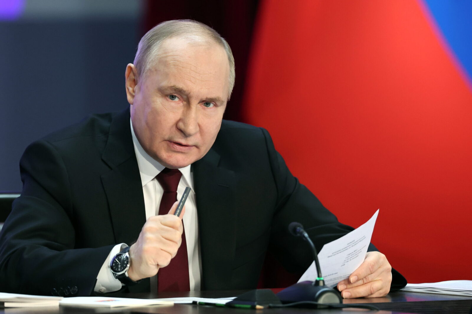 epa11255676 Russian President Vladimir Putin speaks during an annual extended meeting of the Interior Ministry Board in Moscow, Russia, 02 April 2024. The Russian president urged, among other things, law enforcement and security services to tighten security on public gatherings in the wake of the 22 March terrorist attack on the concert hall in the Moscow region that killed at least 144 people.  EPA/SERGEI SAVOSTYANOV/SPUTNIK/KREMLIN POOL MANDATORY CREDIT