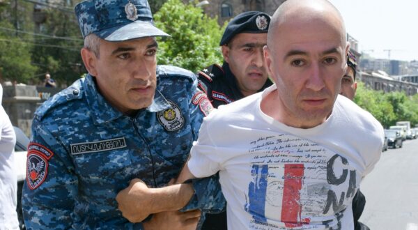 ARMENIA, YEREVAN - APRIL 25, 2024: Police officers detain a demonstrator during a protest against the terms on which the Armenian-Azerbaijani border is currently being demarcated. According to Armenia's Ministry of Foreign Affairs, Armenia has agreed to return four border villages in Tavush Province to Azerbaijan as part of a border demarcation agreement. Alexander Patrin/TASS,Image: 867805971, License: Rights-managed, Restrictions: , Model Release: no, Credit line: Alexander Patrin / TASS / Profimedia