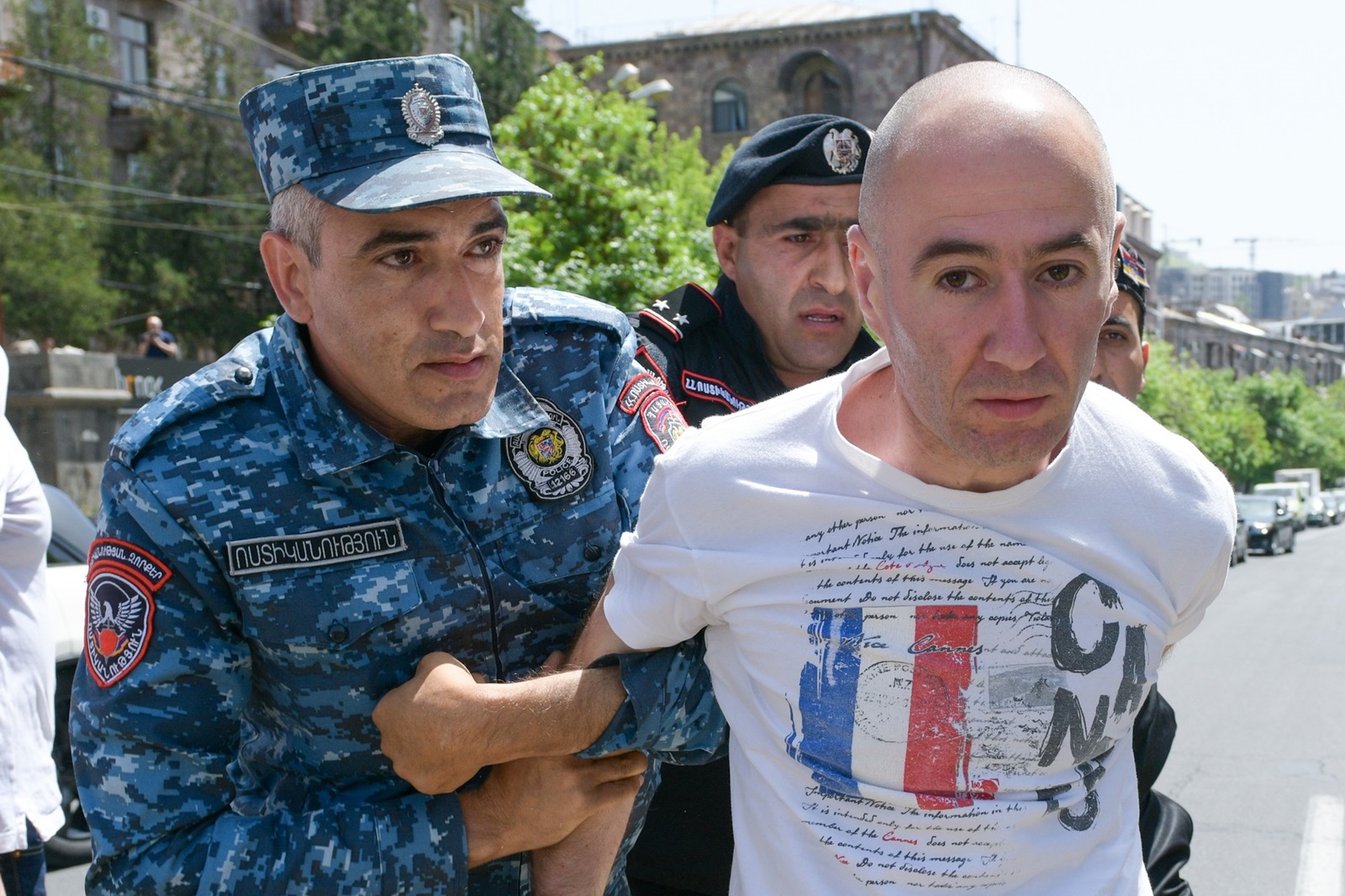 ARMENIA, YEREVAN - APRIL 25, 2024: Police officers detain a demonstrator during a protest against the terms on which the Armenian-Azerbaijani border is currently being demarcated. According to Armenia's Ministry of Foreign Affairs, Armenia has agreed to return four border villages in Tavush Province to Azerbaijan as part of a border demarcation agreement. Alexander Patrin/TASS,Image: 867805971, License: Rights-managed, Restrictions: , Model Release: no, Credit line: Alexander Patrin / TASS / Profimedia
