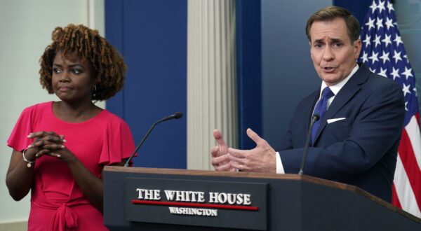epa11259278 White House national security communications (NSC) adviser John Kirby (R) speaks during a press briefing with Press Secretary Karine Jean-Pierre (L) at the White House in Washington, DC, USA, 04 April 2024, after US President Biden spoke with Israeli Prime Minister Netanyahu on the latest developments in Israel and Gaza.  EPA/Yuri Gripas/ABACA / POOL