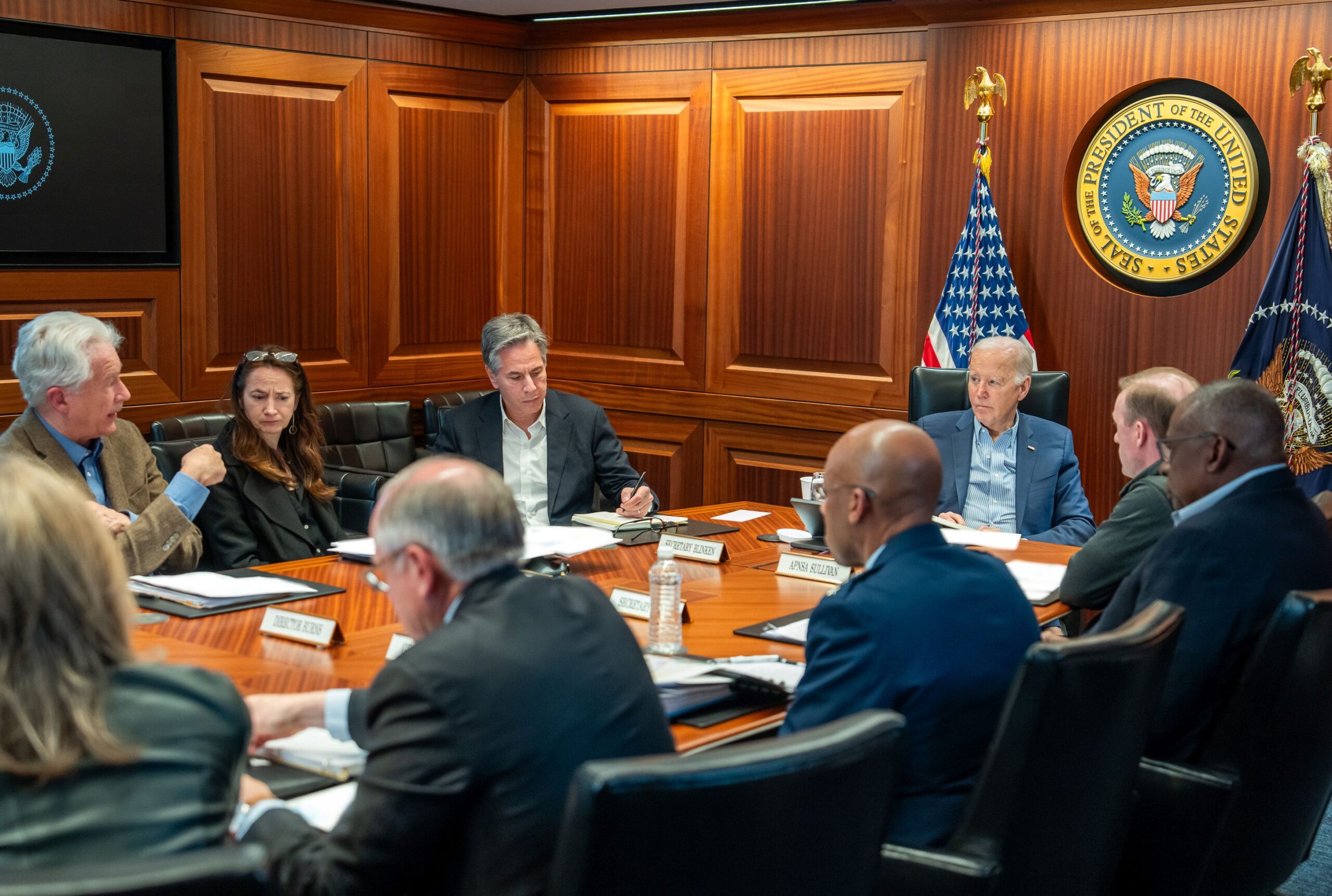epa11277424 A handout photo made available by the White House Photo Office shows US President Joe Biden meeting with members of the National Security Council regarding the unfolding missile attacks on Israel in the Situation Room of the White House in Washington, DC, USA, 13 April 2024. President Biden has returned to Washington a day early to consult with his national security team after both Iran and Israel announced that Iran had launched drones and rockets towards Israel.  EPA/ADAM SCHULTZ / HANDOUT  HANDOUT EDITORIAL USE ONLY/NO SALES HANDOUT EDITORIAL USE ONLY/NO SALES