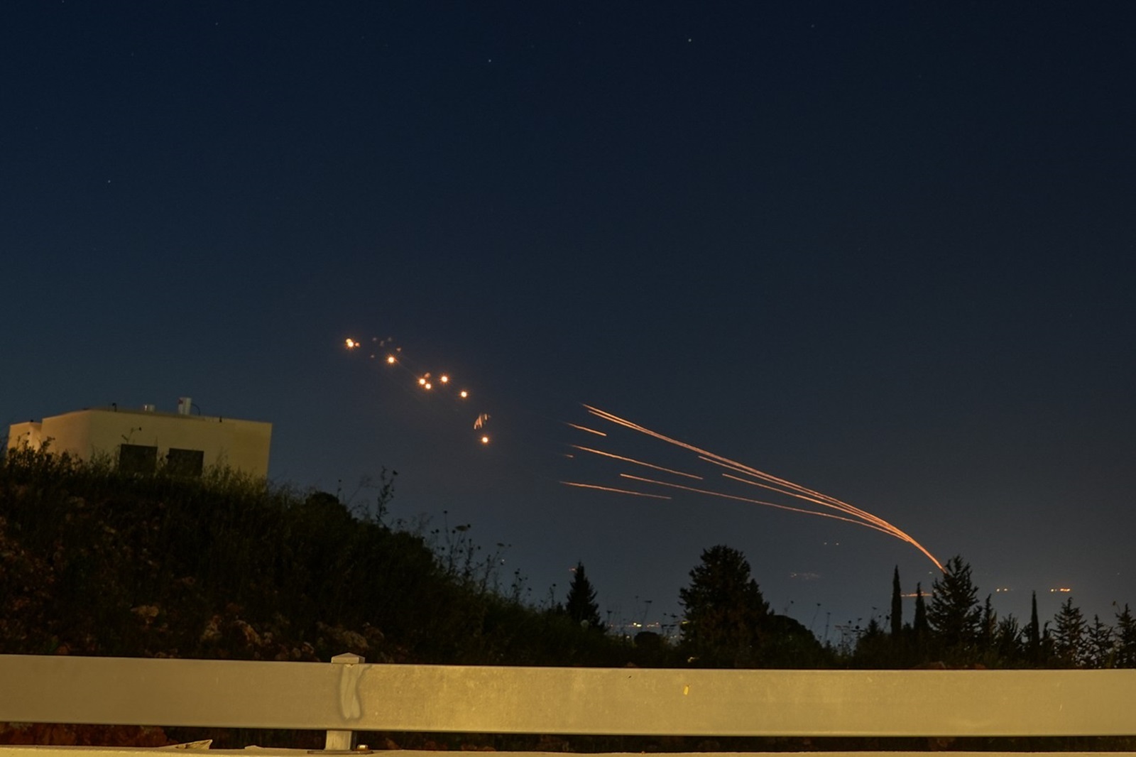 HULA VALLEY, April 12, 2024  -- Israel's Iron Dome defense system launches missiles to intercept rockets fired from Lebanon, as seen over Hula Valley, northern Israel, on April 12, 2024. About 40 rockets were fired from Lebanon at northern Israel on Friday night, causing no casualties, following Israeli airstrikes in southern Lebanon, Israel military said.,Image: 864346328, License: Rights-managed, Restrictions: , Model Release: no, Credit line: Ayal Margolin/JINI / Xinhua News / Profimedia
