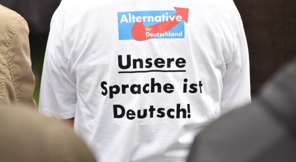 03.09.2018, Bavaria, Abensberg: A supporter of the AfD with the imprint "Our language is German" sits on a bench during the speech of party leader Meuthen at the political morning pint at the Gillamoos folk festival. The Gillamoos is one of the largest and oldest folk festivals in Lower Bavaria and traditionally offers a political exchange between the parties. Photo: Lino Mirgeler/dpa,Image: 679545421, License: Rights-managed, Restrictions: , Model Release: no, Credit line: Lino Mirgeler / DPA / Profimedia