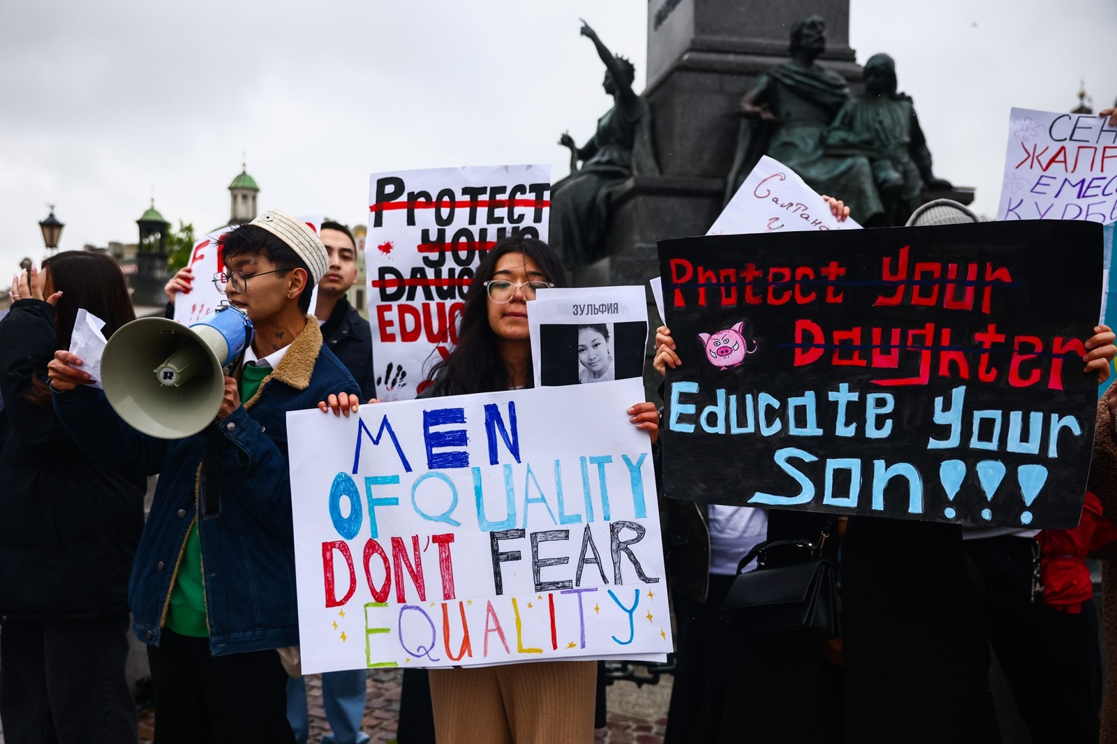 April 21, 2024, Krakow, Poland: Members of Kazakhstan diaspora and supporters hold banners while attending 'Justice for Saltanat' rally at the Main Square in Krakow, Poland on April 21st, 2024. The rally was held against domestic violence and the backdrop of the trial of Kuandyk Bishimbayev, former Minister of the National Economy of Kazakhstan who is accused of murdering his wife, Saltanat Nukenova in November 2023.,Image: 867080025, License: Rights-managed, Restrictions: , Model Release: no, Credit line: Beata Zawrzel / Zuma Press / Profimedia