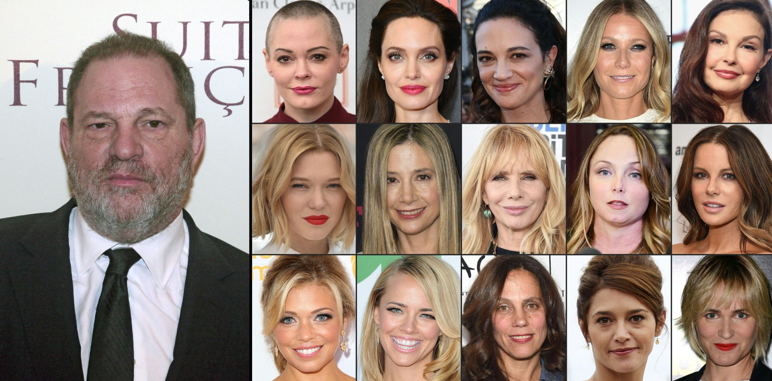 (COMBO): This combination of pictures created on October 13, 2017 shows US producer Harvey Weinstein (L) taken on March 10, 2015; (1st row from L) US actress Rose McGowan taken on April 3, 2016, US actress Angelina Jolie taken on September 13, 2017 in New York City, Italian actress Asia Argento taken on May 17, 2017, US actress Gwyneth Paltrow taken on May 6, 2017, US actress Ashley Judd taken on July 25, 2017, (2nd row fromL) French actress Lea Seydoux taken on May 19, 2016, US actress Mira Sorvino taken on December 7, 2015, US actress Rosanna Arquette taken on February 25, 2017, US actress Louisette Geiss taken on October 10, 2017, British actress Kate Beckinsale taken on on August 7, 2017, (3rd row fromL) Television reporter Lauren Sivan taken on July 26, 2014, US actress Jessica Barth taken  on June 21, 2012, US producer Elizabeth Karlsen taken on January 4, 2016, French actress Emma De Caunes taken on October 17, 2016, and French actress Judith Godreche taken on October 19, 2015. 
 An avalanche of claims of sexual harassment, assault and rape by hugely influential Hollywood producer Harvey Weinstein have surfaced since the publication last week of an explosive New York Times report alleging a history of abusive behavior dating back decades.,Image: 352834420, License: Rights-managed, Restrictions: , Model Release: no, Credit line: STAFF / AFP / Profimedia