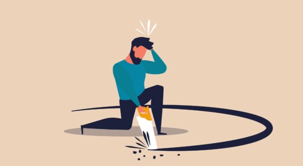 Business self sabotage and idiot mistake to lost job. Failure and stress people finance vector illustration concept. Stupid person and problem bankrupt. Man with frustration and cutting self hole,Image: 660428143, License: Royalty-free, Restrictions: , Model Release: no, Credit line: VectorUp / Alamy / Alamy / Profimedia