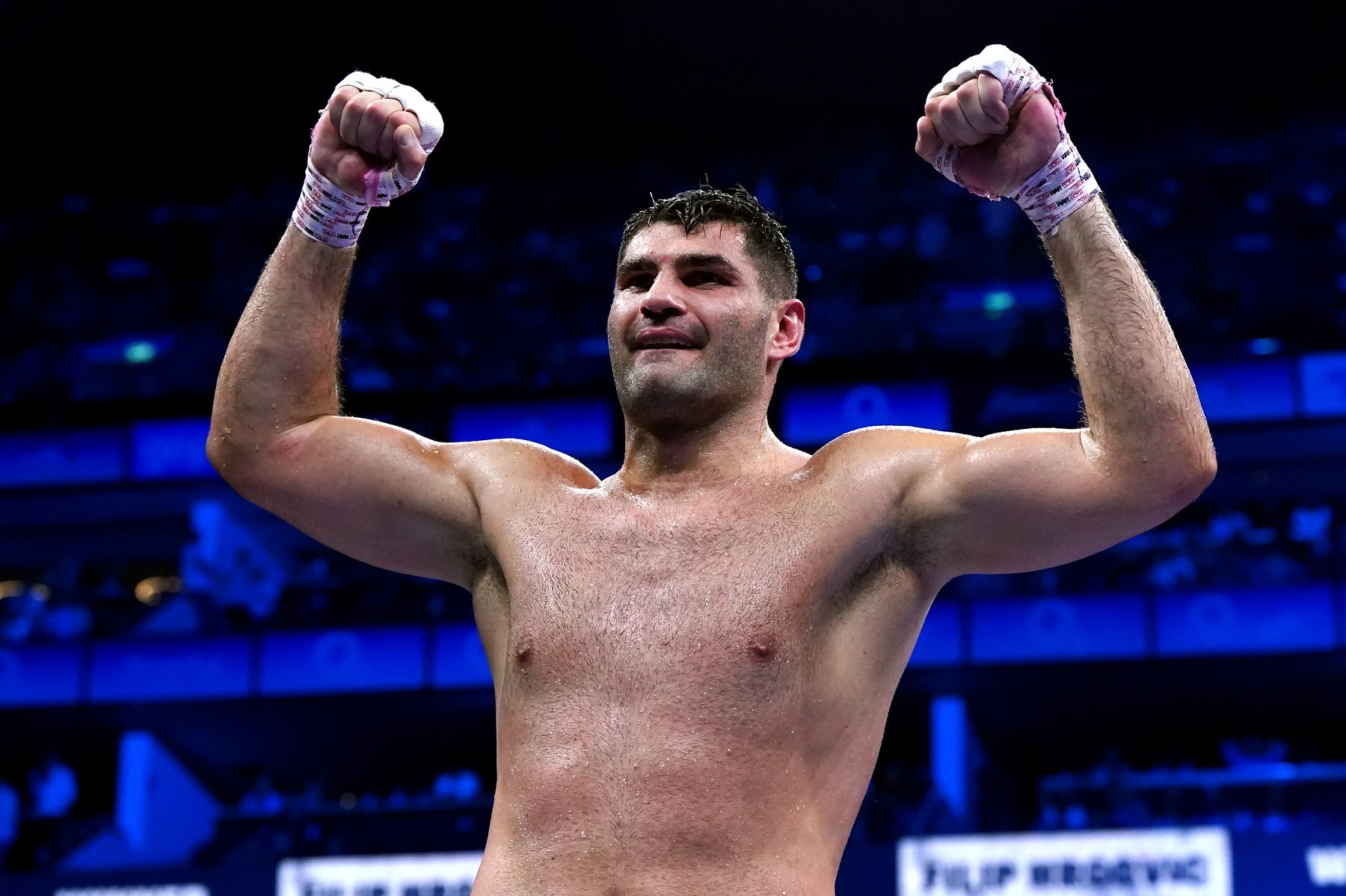 Filip Hrgovic celebrates victory against Demsey McKean in action in the International Heavyweight contest at the O2 Arena, London. Picture date: Saturday August 12, 2023.,Image: 796555410, License: Rights-managed, Restrictions: Use subject to restrictions. Editorial use only, no commercial use without prior consent from rights holder., Model Release: no, Credit line: Nick Potts / PA Images / Profimedia