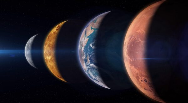 Beautiful view of the planets Mercury, Venus, Earth and Mars from space. Terrestrial planets. Planetary alignment or planetary parade. Elements of this image furnished by NASA.,Image: 855139689, License: Royalty-free, Restrictions: , Model Release: no, Credit line: Buradaki / Alamy / Alamy / Profimedia