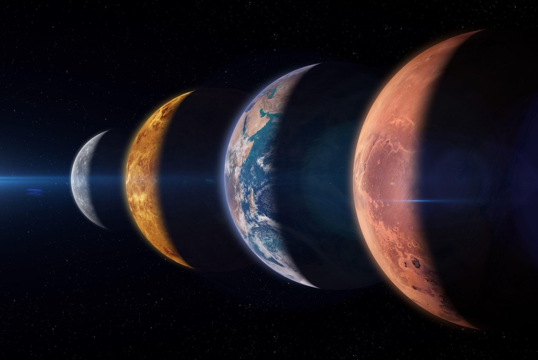 Beautiful view of the planets Mercury, Venus, Earth and Mars from space. Terrestrial planets. Planetary alignment or planetary parade. Elements of this image furnished by NASA.,Image: 855139689, License: Royalty-free, Restrictions: , Model Release: no, Credit line: Buradaki / Alamy / Alamy / Profimedia
