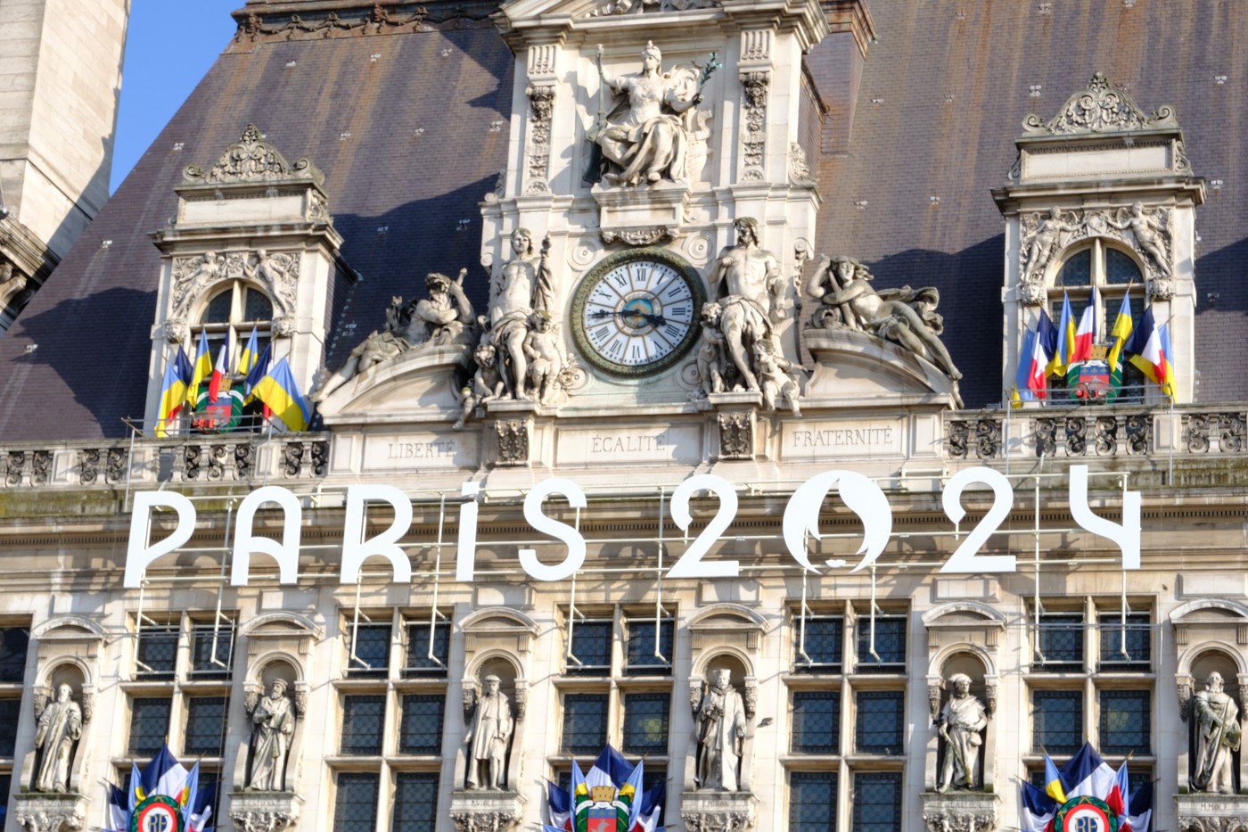 The Olympic and Paralympic symbols are on display at Paris City Hall. The 2024 Summer Olympics will be held in Paris from July 26 to August 11, 2024. in Paris, France on March 8, 2024.,Image: 855247144, License: Rights-managed, Restrictions: , Model Release: no, Credit line: Hubert Psaila Marie/ABACA / Abaca Press / Profimedia
