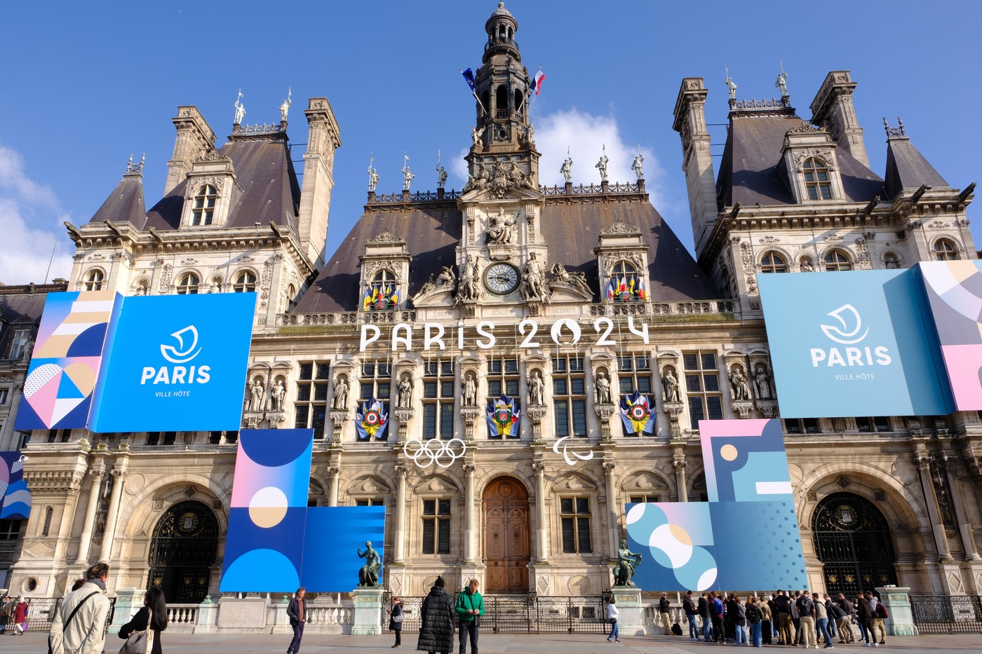 The Olympic and Paralympic symbols are on display at Paris City Hall. The 2024 Summer Olympics will be held in Paris from July 26 to August 11, 2024. in Paris, France on March 8, 2024.,Image: 855247157, License: Rights-managed, Restrictions: , Model Release: no, Credit line: Hubert Psaila Marie/ABACA / Abaca Press / Profimedia
