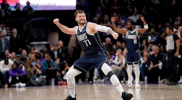 Mar 29, 2024; Sacramento, California, USA; Dallas Mavericks guard Luka Doncic (77) celebrates after the Mavericks made a three point basket against the Sacramento Kings late in the fourth quarter at the Golden 1 Center.,Image: 861051095, License: Rights-managed, Restrictions: , Model Release: no, Credit line: USA TODAY Sports / ddp USA / Profimedia