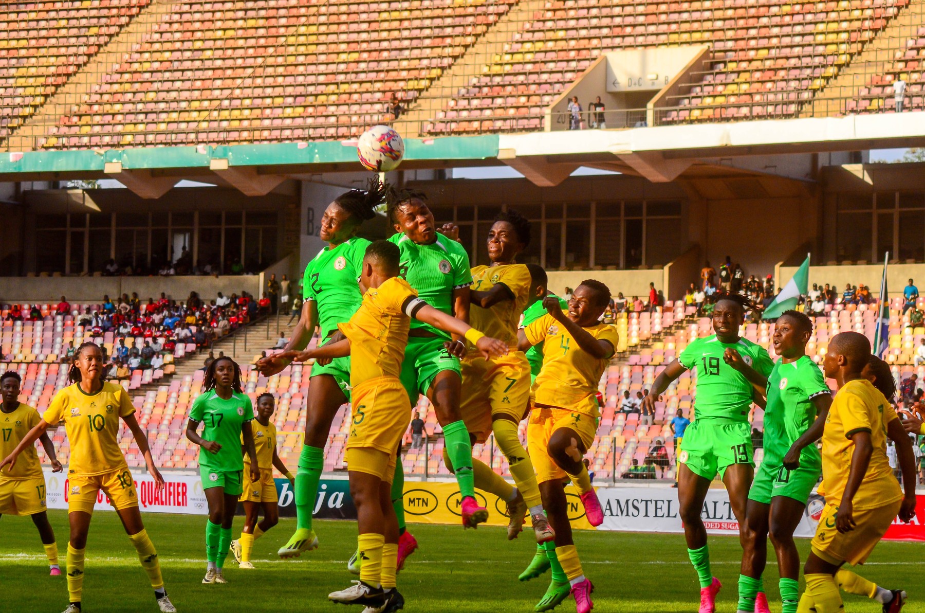 ABUJA, NIGRRIA - APRIL 5: Ohale Osinachi Marvis, Kanu Uchenna Grace of Nigeria and Jane Refiloe, Dhlamini Karabo, Matlou Noko of South Africa during the CAF Women s Olympic Qualifiers March between Super Falcons of Nigeria and Bayana Bayana of South Africa at MKO Abiola Stadium on April 5, 2024 in Abuja, Nigeria. Photo by Mohammed Chanjo Copyright: xx,Image: 862727015, License: Rights-managed, Restrictions: Credit images as "Profimedia/ IMAGO", Model Release: no, Credit line: IMAGO / imago sportfotodienst / Profimedia