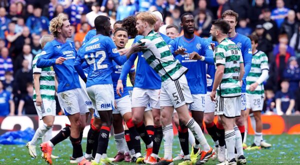 Tempers flare after the final whistle of the cinch Premiership match at Ibrox Stadium, Glasgow. Picture date: Sunday April 7, 2024.,Image: 863101396, License: Rights-managed, Restrictions: Use subject to restrictions. Editorial use only, no commercial use without prior consent from rights holder., Model Release: no, Credit line: Jane Barlow / PA Images / Profimedia