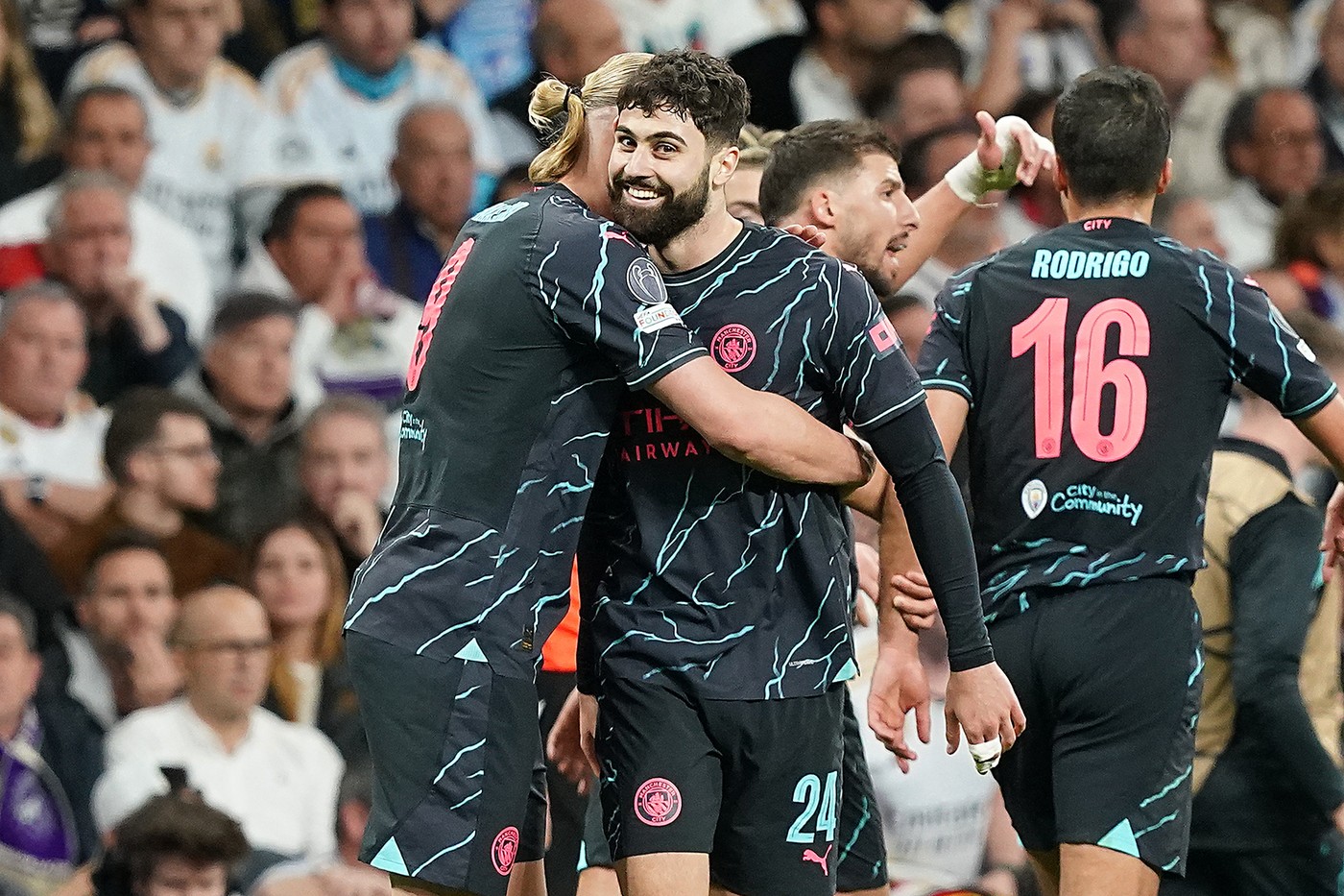Manchester City FC's Erling Haaland (l) and Josko Gvardiol celebrate during Champions League 2023/2024,Quarter-finals, 1st leg match. Madrid, Spain, April 9, 2024.,Image: 863711513, License: Rights-managed, Restrictions: , Model Release: no, Credit line: Acero/AlterPhotos/ABACA / Abaca Press / Profimedia