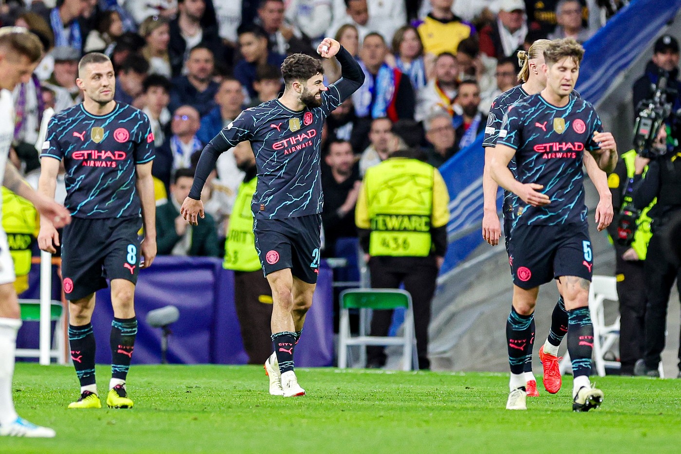 Josko Gvardiol (24) of Manchester City scores a goal and celebrates 2-3 during the UEFA Champions League, Quarter-finals, 1st leg football match between Real Madrid and Manchester City on April 9, 2024 at Santiago Bernabeu stadium in Madrid, Spain - Photo Nigel Keene / ProSportsImages / DPPI,Image: 863712805, License: Rights-managed, Restrictions: Hungary Out UK Out, Model Release: no, Credit line: Nigel Keene / AFP / Profimedia