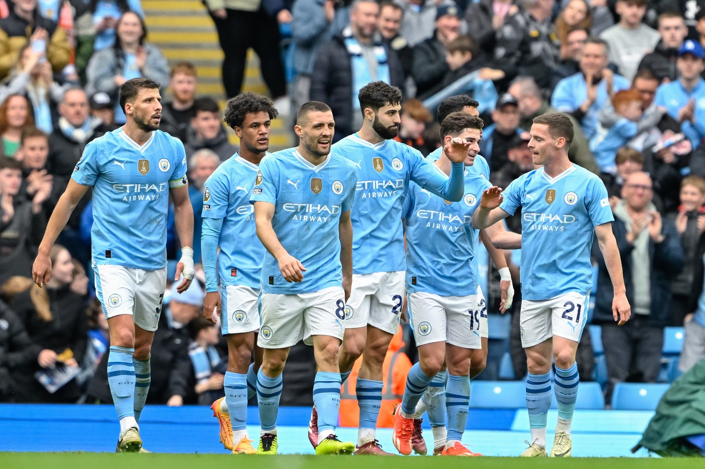 April 13, 2024, Manchester, Manchester, United Kingdom: JoÅ¡ko Gvardiol of Manchester City celebrates his goal to make it 5-1 Manchester City, during the Premier League match Manchester City vs Luton Town at Etihad Stadium, Manchester, United Kingdom, 13th April 2024.,Image: 864521604, License: Rights-managed, Restrictions: , Model Release: no, Credit line: Cody Froggatt / Zuma Press / Profimedia