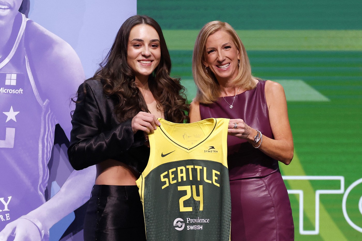 NEW YORK, NEW YORK - APRIL 15: Nika Muhl poses with WNBA Commissioner Cathy Engelbert after being selected 14th overall pick by the Seattle Storm during the 2024 WNBA Draft at Brooklyn Academy of Music on April 15, 2024 in New York City.   Sarah Stier,Image: 865163969, License: Rights-managed, Restrictions: , Model Release: no, Credit line: Sarah Stier / Getty images / Profimedia