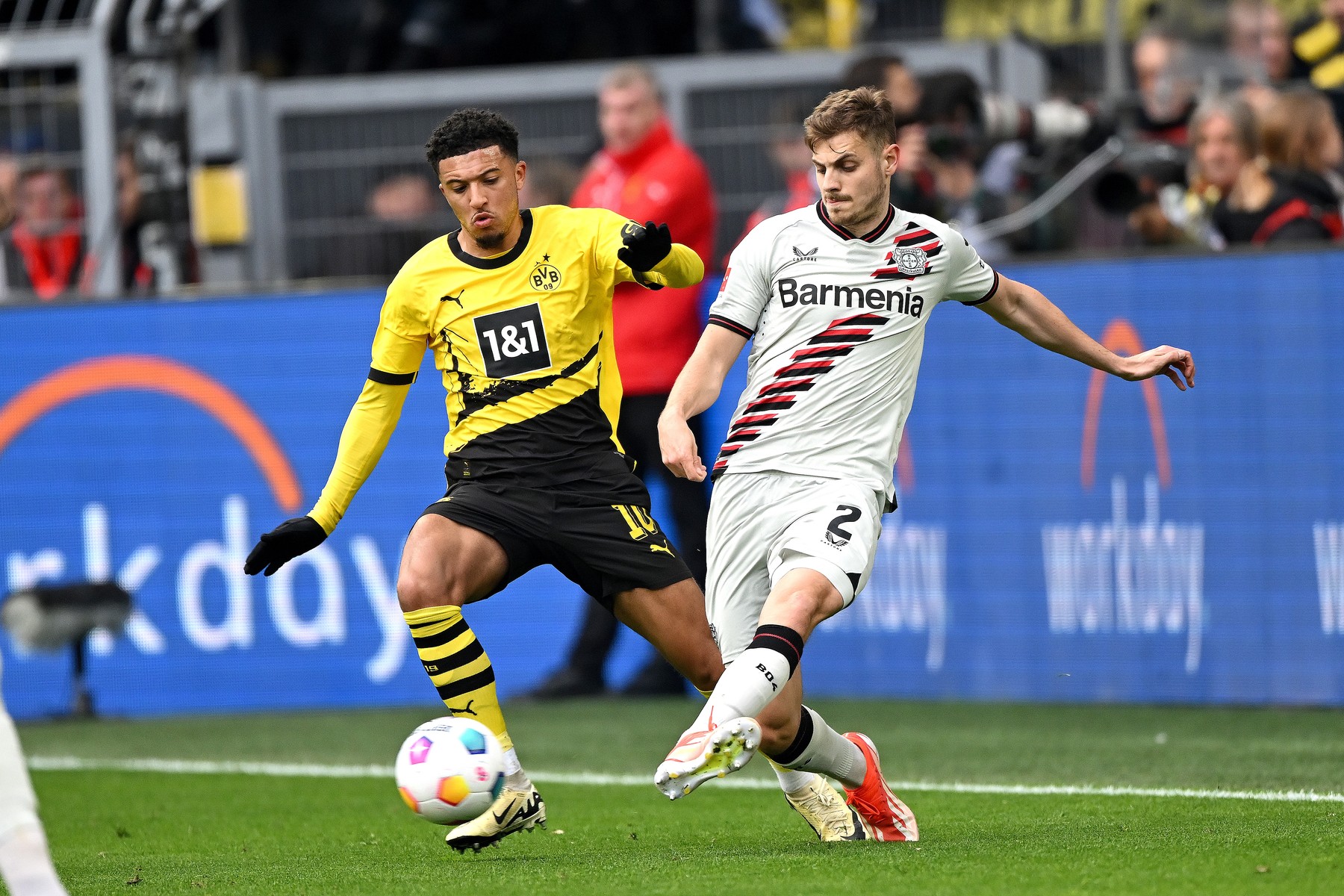 4/21/2024 - DORTMUND - (l-r) Jadon Sancho of Borussia Dortmund, Josip Stanisic of Bayer 04 Leverkusen during the Bundesliga match between Borussia Dortmund and Bayer 04 Leverkusen at Signal Iduna Park on April 21, 2024 in Dortmund, Germany. ANP | Hollandse Hoogte | GERRIT VAN COLOGNE /ANP/Sipa USA,Image: 866733167, License: Rights-managed, Restrictions: *** World Rights Except Belgium, France, Germany, The Netherlands, and the UK ***  BELOUT DEUOUT FRAOUT GBROUT NLDOUT, Model Release: no, Credit line: ANP / ddp USA / Profimedia