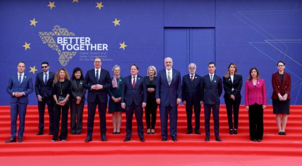 (L-R) Director at Permanent Secretariat of Transport Community Matej Zakonjsek, chairman of the Open Society Foundations Alexander Soros, Atlantic Council senior Maja Piscevic,  WB Country Director for the Western Balkans Xiaoqing Yu, President of Serbia Alexandar Vucic, EBRD's Managing Director for Central and South Eastern Europe Charlotte Ruhe, EU Commisioner for Enlargment Oliver Varhelyi, Chairwoman of Bosnia and Herzegovina's Council of ministers Borjana Kristo , Albania's Prime Minister Edi Rama, North Macedonia's Prime Minister Talat Xhaferi, Head of Regional Representation for WB at European Investment Bank (EIB Alessandro Bragonzi, Secretary General of the Regional Cooperation Council Majlinda Bregu, President of the Union of Chambers of Commerce and Industry of Albania Ines Muçostepa and Director at CEFTA Secretariat Danijela Gacevic pose for a family photo at the Higher Growth and faster Convergence for the Western Balkans - Summit in Tirana on February 29, 2024.,Image: 852128305, License: Rights-managed, Restrictions: , Model Release: no, Credit line: Adnan Beci / AFP / Profimedia