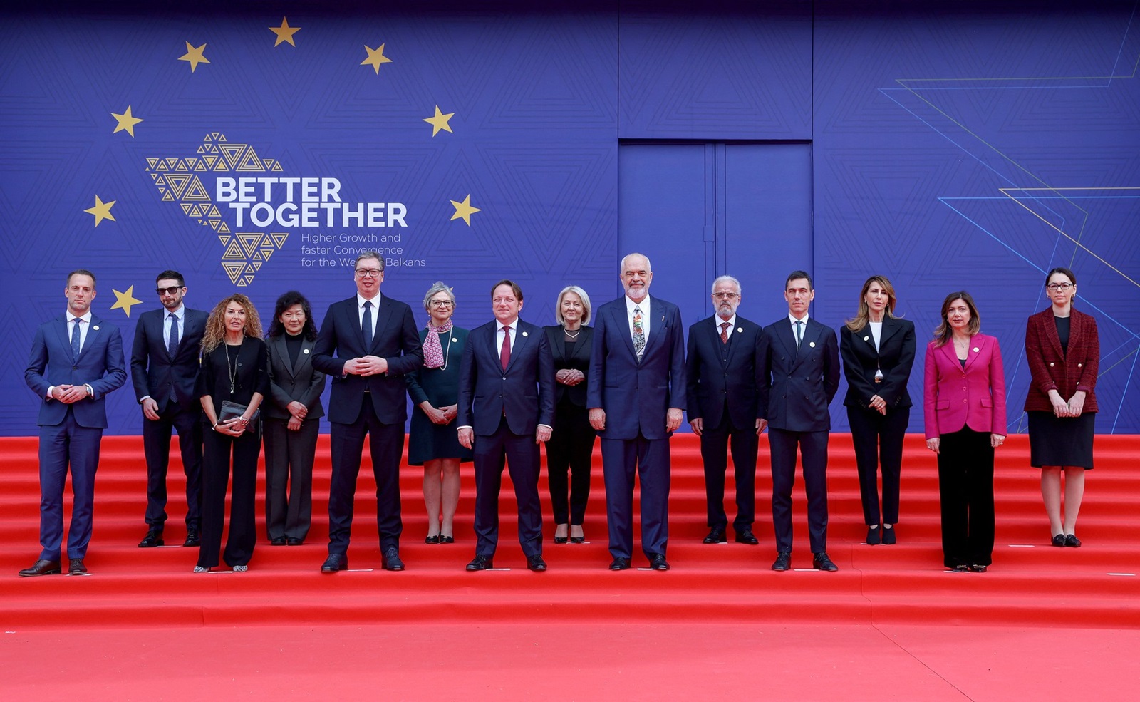 (L-R) Director at Permanent Secretariat of Transport Community Matej Zakonjsek, chairman of the Open Society Foundations Alexander Soros, Atlantic Council senior Maja Piscevic,  WB Country Director for the Western Balkans Xiaoqing Yu, President of Serbia Alexandar Vucic, EBRD's Managing Director for Central and South Eastern Europe Charlotte Ruhe, EU Commisioner for Enlargment Oliver Varhelyi, Chairwoman of Bosnia and Herzegovina's Council of ministers Borjana Kristo , Albania's Prime Minister Edi Rama, North Macedonia's Prime Minister Talat Xhaferi, Head of Regional Representation for WB at European Investment Bank (EIB Alessandro Bragonzi, Secretary General of the Regional Cooperation Council Majlinda Bregu, President of the Union of Chambers of Commerce and Industry of Albania Ines Muçostepa and Director at CEFTA Secretariat Danijela Gacevic pose for a family photo at the Higher Growth and faster Convergence for the Western Balkans - Summit in Tirana on February 29, 2024.,Image: 852128305, License: Rights-managed, Restrictions: , Model Release: no, Credit line: Adnan Beci / AFP / Profimedia