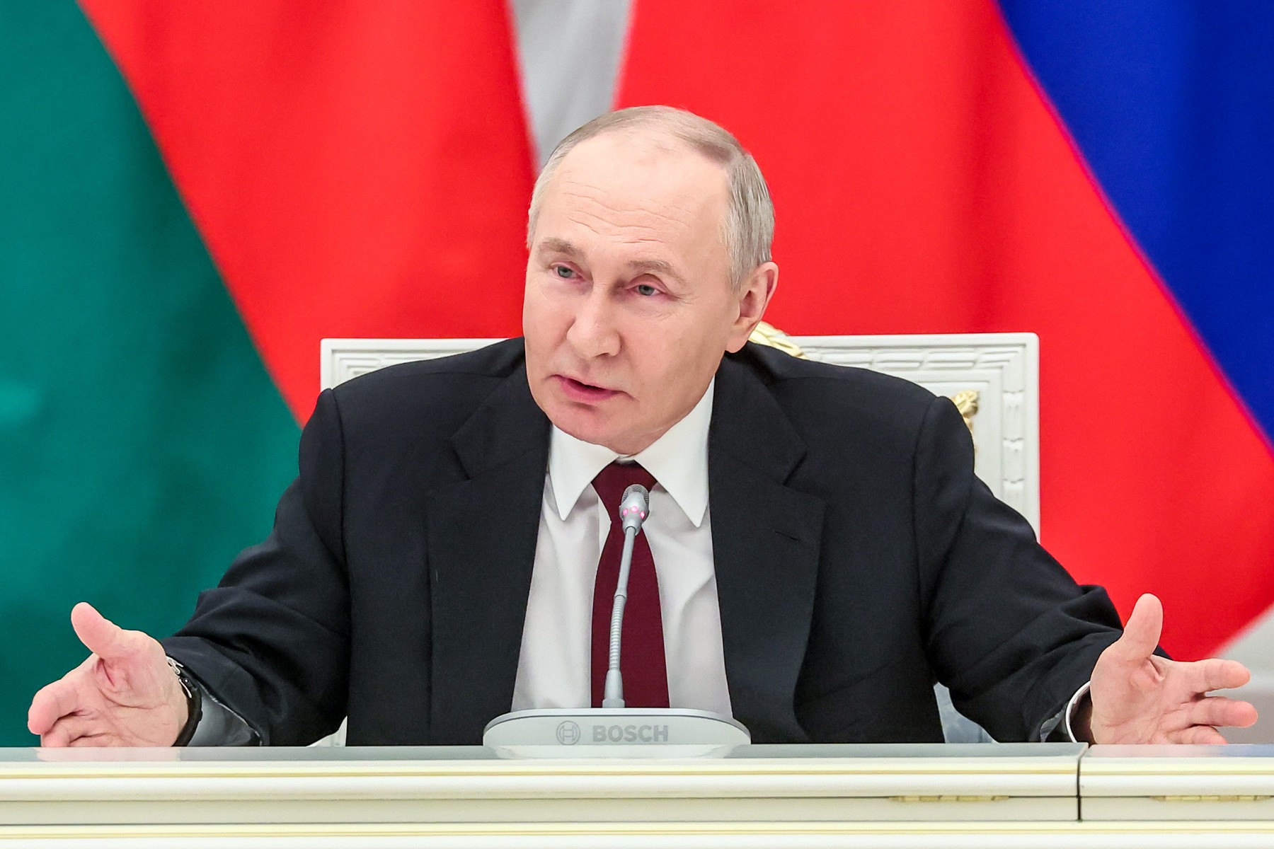 RUSSIA, MOSCOW - APRIL 22, 2024: Russia's President Vladimir Putin is seen during a meeting with veteran builders and workers of the Baikal-Amur Mainline, a railway line linking Siberia to the Far East. The meeting marks 50 years since the start of the construction of the Baikal-Amur Mainline. Gavriil Grigorov/Russian Presidential Press and Information Office/TASS,Image: 867064958, License: Rights-managed, Restrictions: , Model Release: no, Credit line: Gavriil Grigorov / TASS / Profimedia