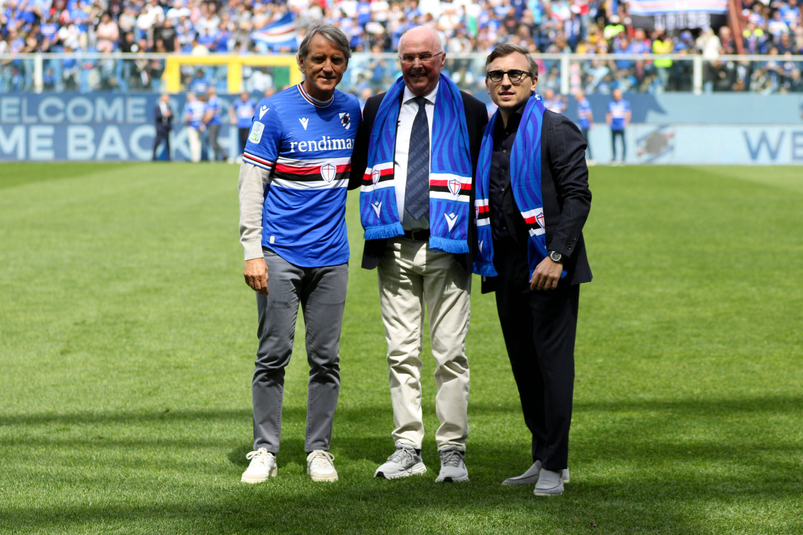 05/05/2024, Genova, Serie B, Stadio Ferraris, Sampdoria-Reggiana, in the photo: Roberto Mancini, Sven-Goran Eriksson and Matteo Manfredi during Sampdoria vs Reggiana, Italian soccer Serie B match in Genova, Italy, May 05 2024 PUBLICATIONxNOTxINxITA Copyright: xGabrielexSiri/IPAxSportx/xipa-agx/xx IPA_45758588 IPA_Agency_IPA45758588
