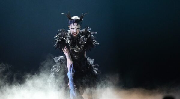 Bambie Thug of Ireland performs the song Doomsday Blue during the dress rehearsal for the first semifinal at the Eurovision Song Contest in Malmo, Sweden, Monday, May 6, 2024. (AP Photo/Martin Meissner)