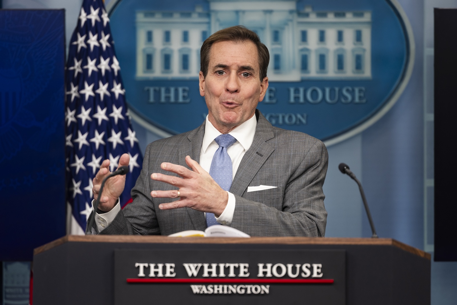 epa11040183 National Security Council (NSC) Coordinator John Kirby speaks to reporters about US efforts to get more humanitarian aid into Gaza in the White House briefing room in Washington, DC, USA, 21 December 2023. Kirby also spoke about the US prisoner swap with Venezuela, and the surge of migrants at the US border with Mexico.  EPA/JIM LO SCALZO / POOL