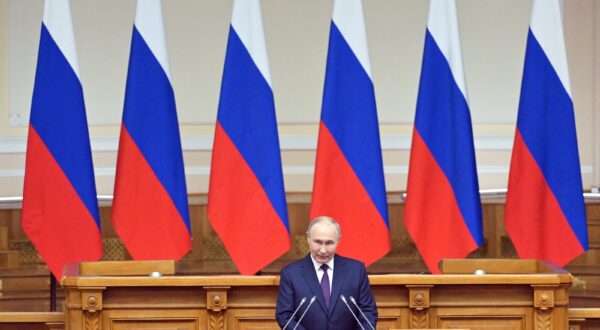epa11303283 Russian President Vladimir Putin speaks during a meeting of the Council of Legislators of Russia under the Russian Federal Assembly at the Tauride Palace in St. Petersburg, Russia, 26 April 2024.  EPA/ALEXEI DANICHEVSPUTNIK/KREMLIN POOL MANDATORY CREDIT