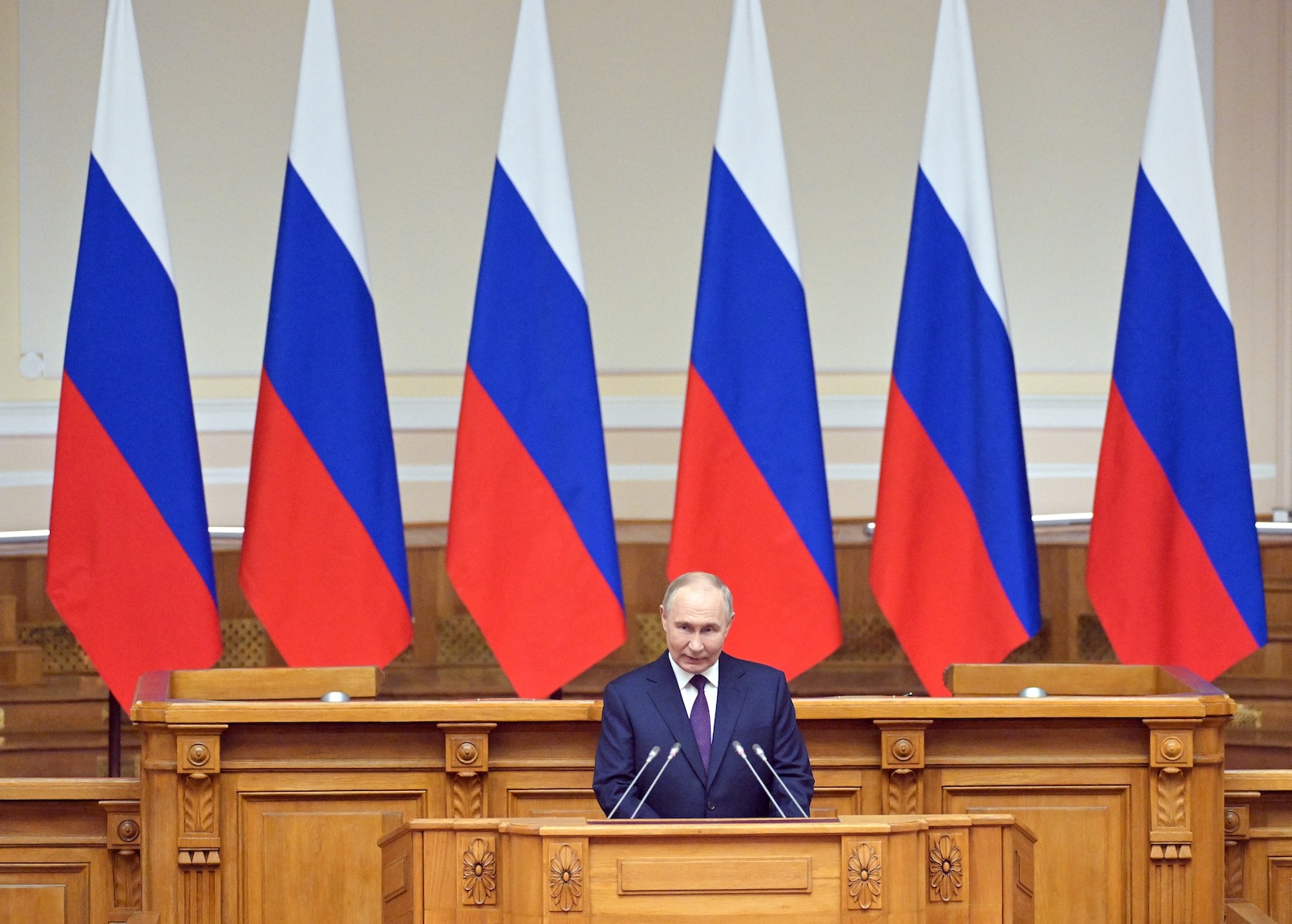epa11303283 Russian President Vladimir Putin speaks during a meeting of the Council of Legislators of Russia under the Russian Federal Assembly at the Tauride Palace in St. Petersburg, Russia, 26 April 2024.  EPA/ALEXEI DANICHEVSPUTNIK/KREMLIN POOL MANDATORY CREDIT