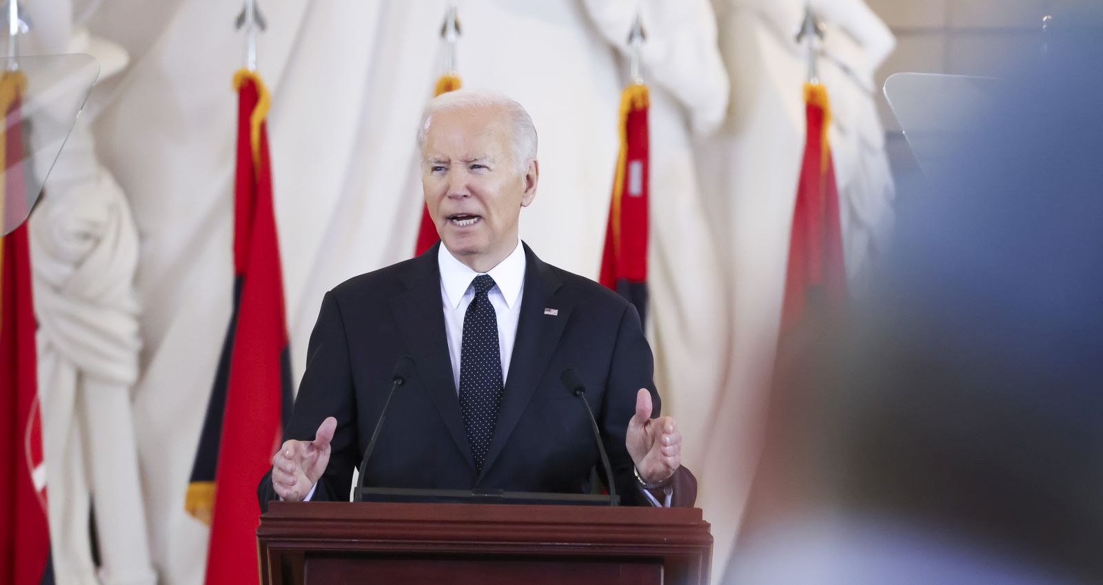 epa11325071 US President Joe Biden delivers the keynote address at the US Holocaust Memorial Museum's Days of Remembrance ceremony at the US Capitol Building in Washington, DC, USA, 07 May 2024. Biden delivered a speech on antisemitism during the annual commemoration of the Holocaust.  EPA/MICHAEL REYNOLDS / POOL