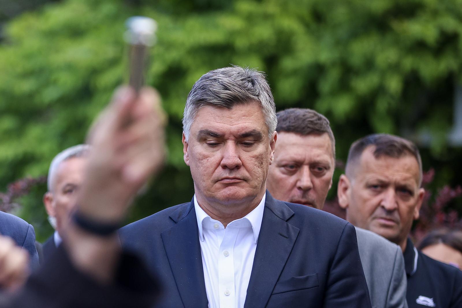 11.05.2024., Brcko, Bosna i Hercegovina - Predsjednik Republike Hrvatske Zoran Milanovic polozio je vijenac i zapalio svijecu ispred spomen obiljezja 108. pjesacke brigade Hrvatskog vijeca obrane. Photo: Armin Durgut/PIXSELL